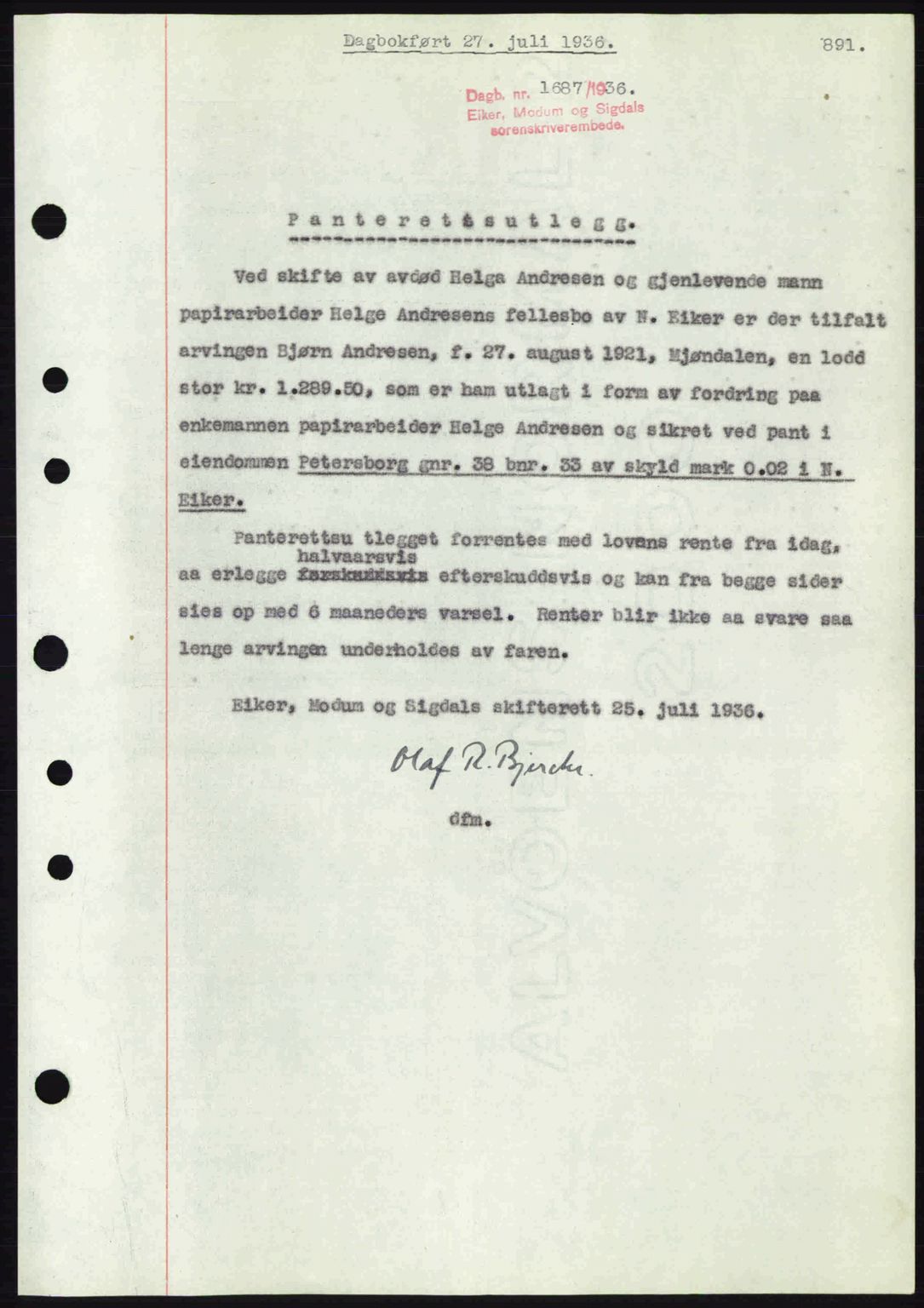 Eiker, Modum og Sigdal sorenskriveri, SAKO/A-123/G/Ga/Gab/L0032: Pantebok nr. A2, 1936-1936, Dagboknr: 1687/1936