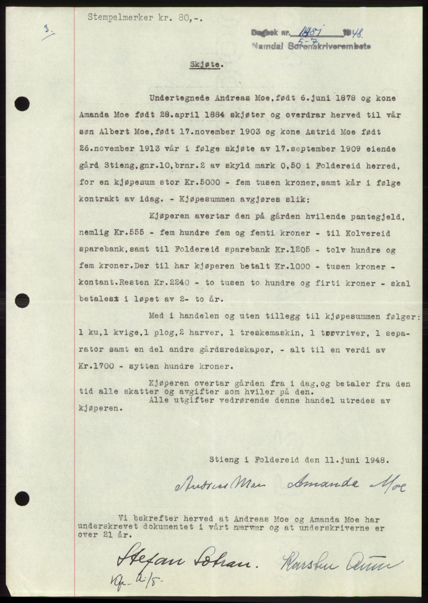 Namdal sorenskriveri, SAT/A-4133/1/2/2C: Pantebok nr. -, 1948-1948, Dagboknr: 1481/1948