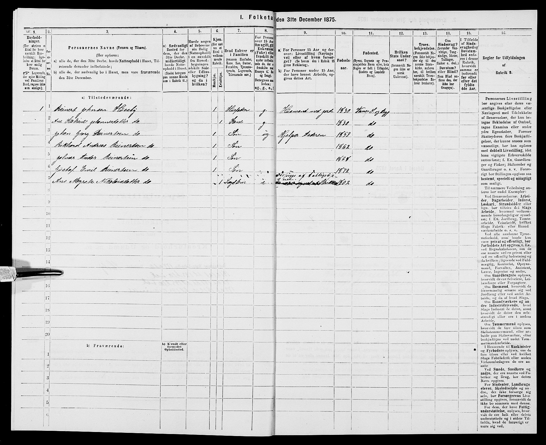 SAK, Folketelling 1875 for 1041L Vanse prestegjeld, Vanse sokn og Farsund landsokn, 1875, s. 303