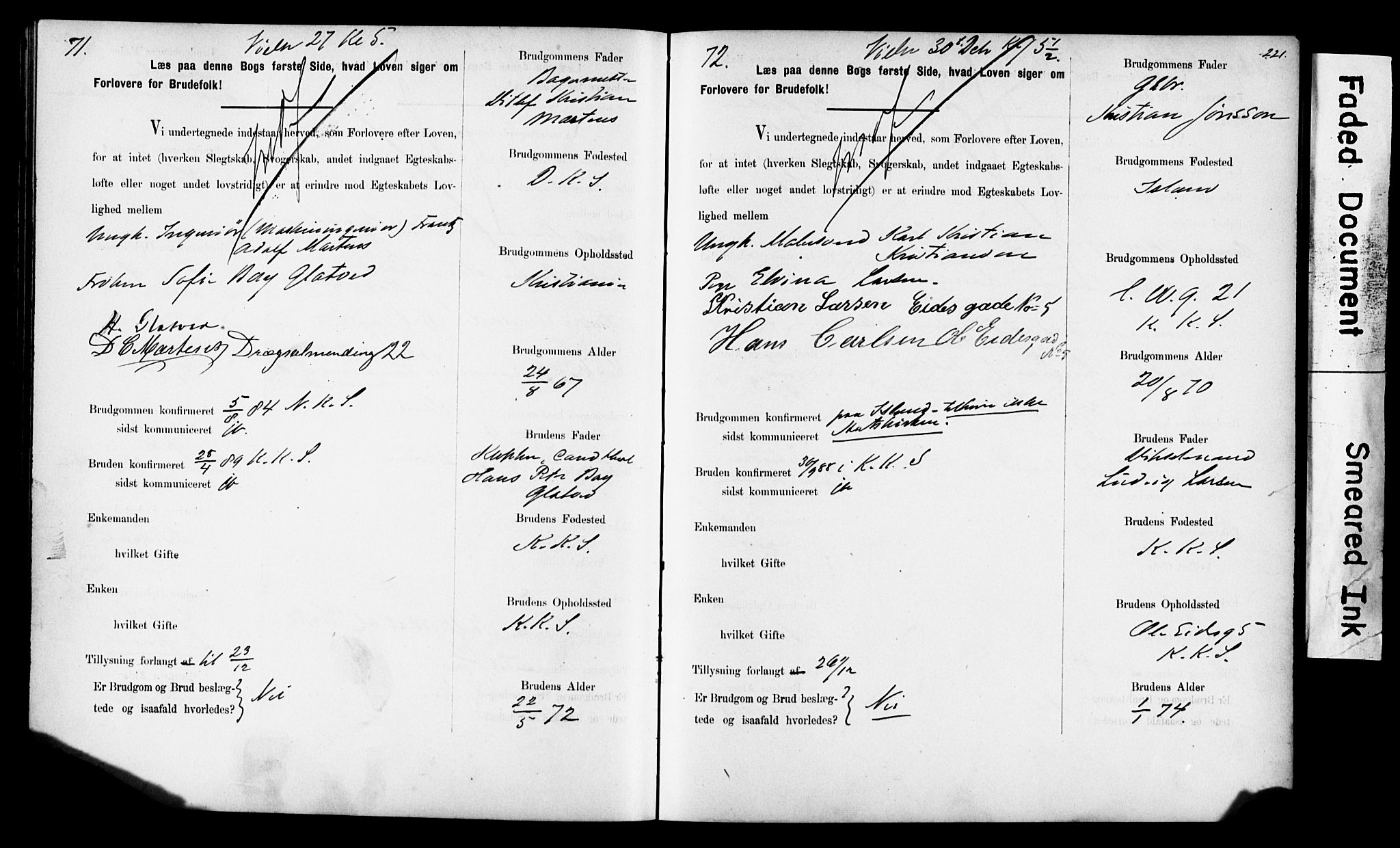 Korskirken sokneprestembete, SAB/A-76101: Forlovererklæringer nr. II.5.6, 1889-1898, s. 221