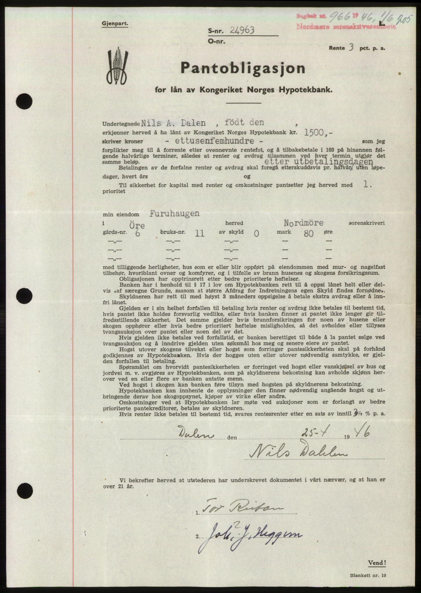 Nordmøre sorenskriveri, AV/SAT-A-4132/1/2/2Ca: Pantebok nr. B94, 1946-1946, Dagboknr: 966/1946