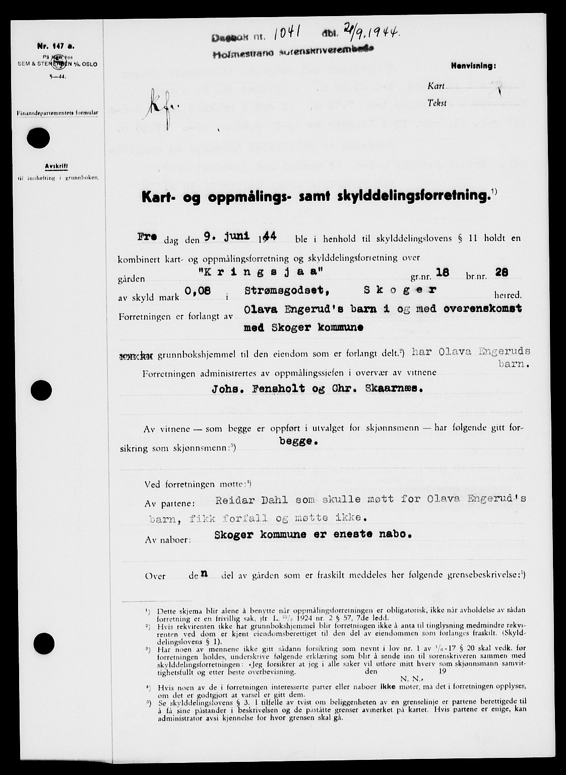 Holmestrand sorenskriveri, SAKO/A-67/G/Ga/Gaa/L0058: Pantebok nr. A-58, 1944-1944, Dagboknr: 1041/1944