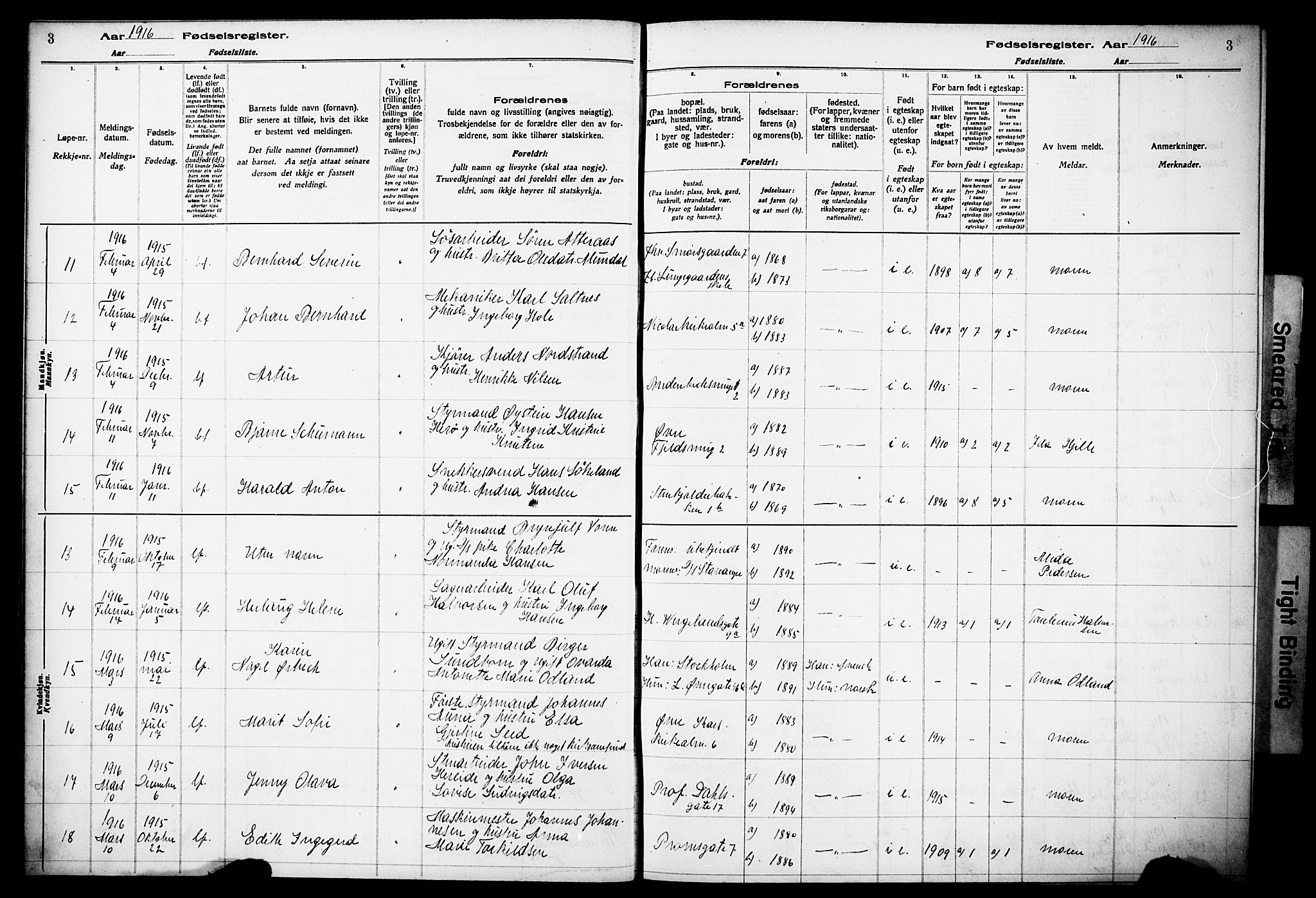 Korskirken sokneprestembete, AV/SAB-A-76101/I/Id/L00A1: Fødselsregister nr. A 1, 1916-1929, s. 3
