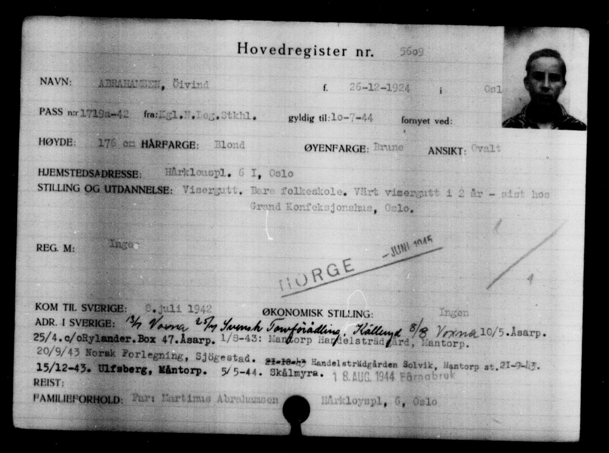 Utenriksstasjonene, Legasjonen i Stockholm, Flyktningkontoret, AV/RA-S-6753/V/Va/L0004: Kjesäterkartoteket, flyktninger med registreringsnr. 3496-6610, 1940-1945, s. 2449