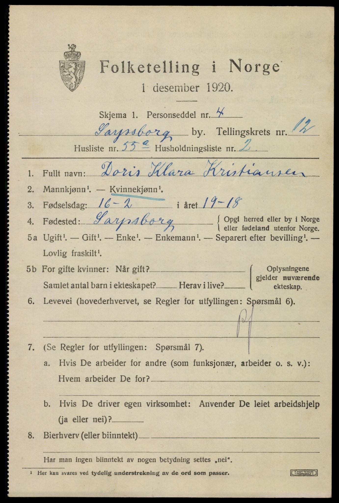 SAO, Folketelling 1920 for 0102 Sarpsborg kjøpstad, 1920, s. 26358