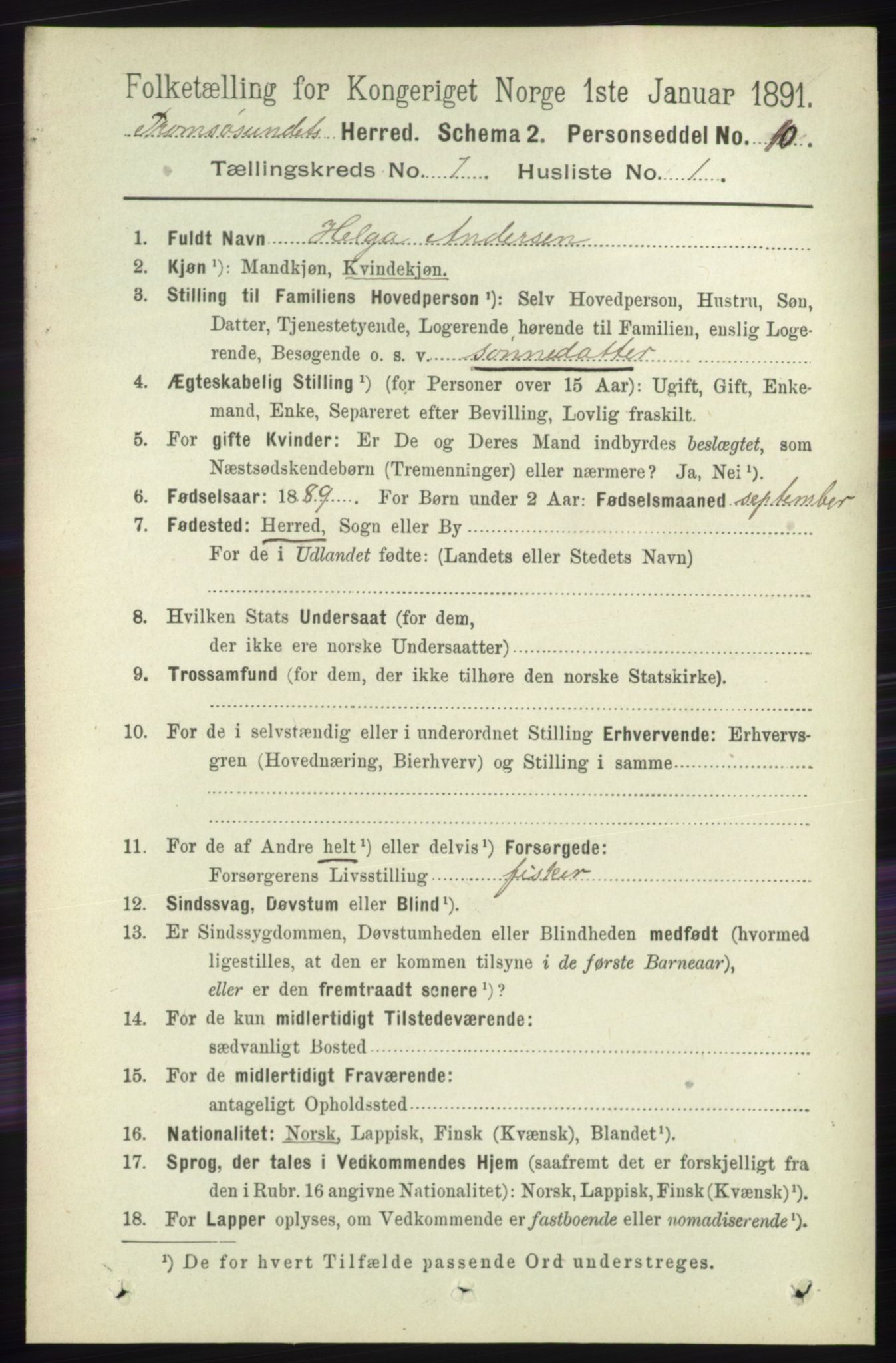 RA, Folketelling 1891 for 1934 Tromsøysund herred, 1891, s. 3729