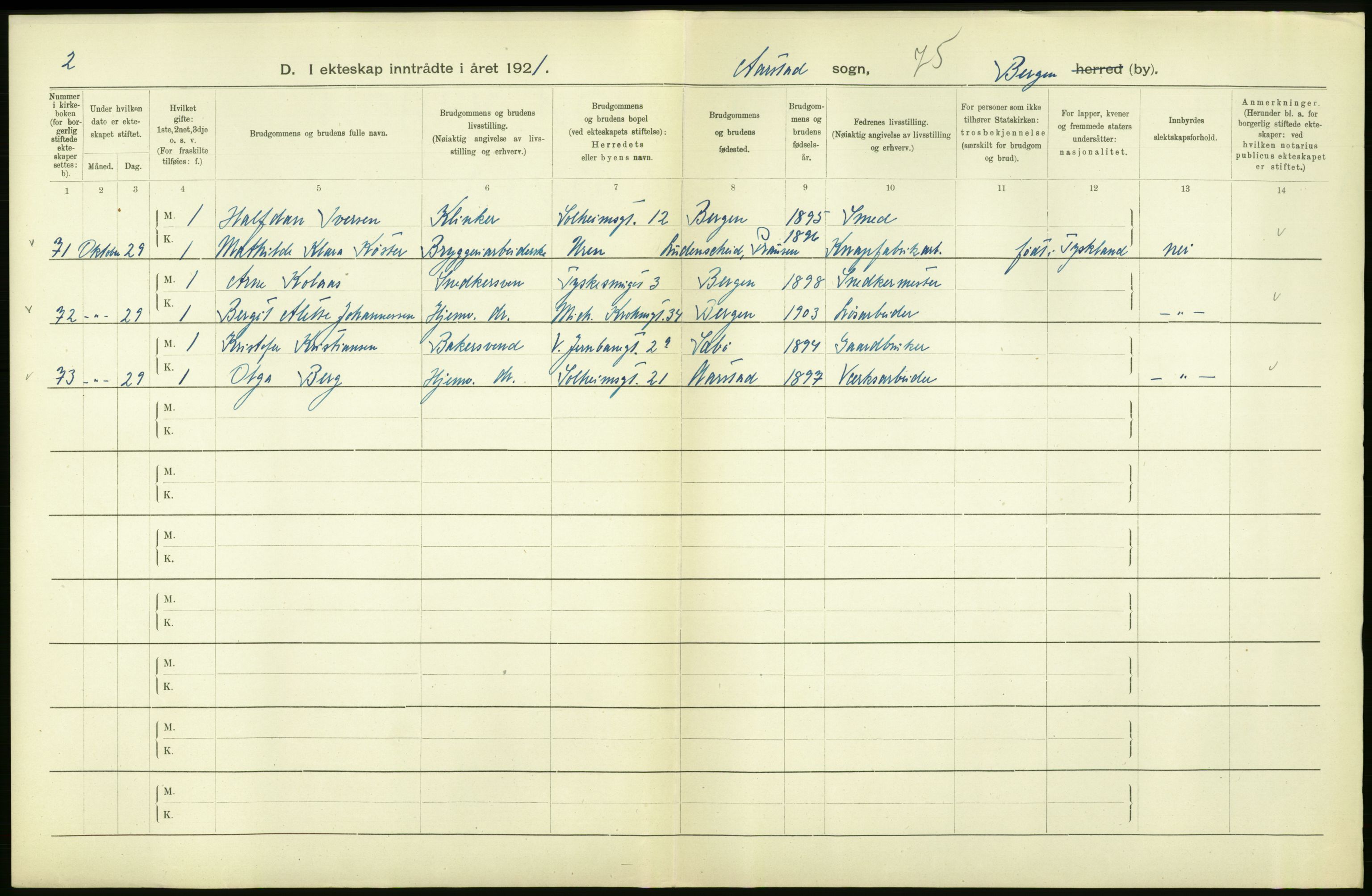 Statistisk sentralbyrå, Sosiodemografiske emner, Befolkning, AV/RA-S-2228/D/Df/Dfc/Dfca/L0035: Bergen: Gifte, dødfødte., 1921, s. 46