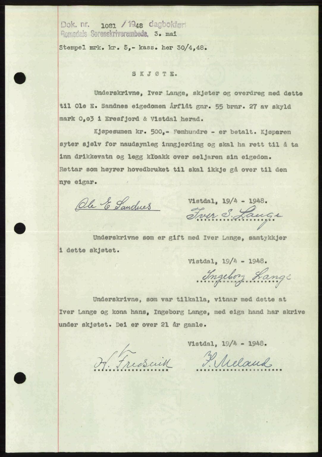 Romsdal sorenskriveri, SAT/A-4149/1/2/2C: Pantebok nr. A26, 1948-1948, Dagboknr: 1081/1948