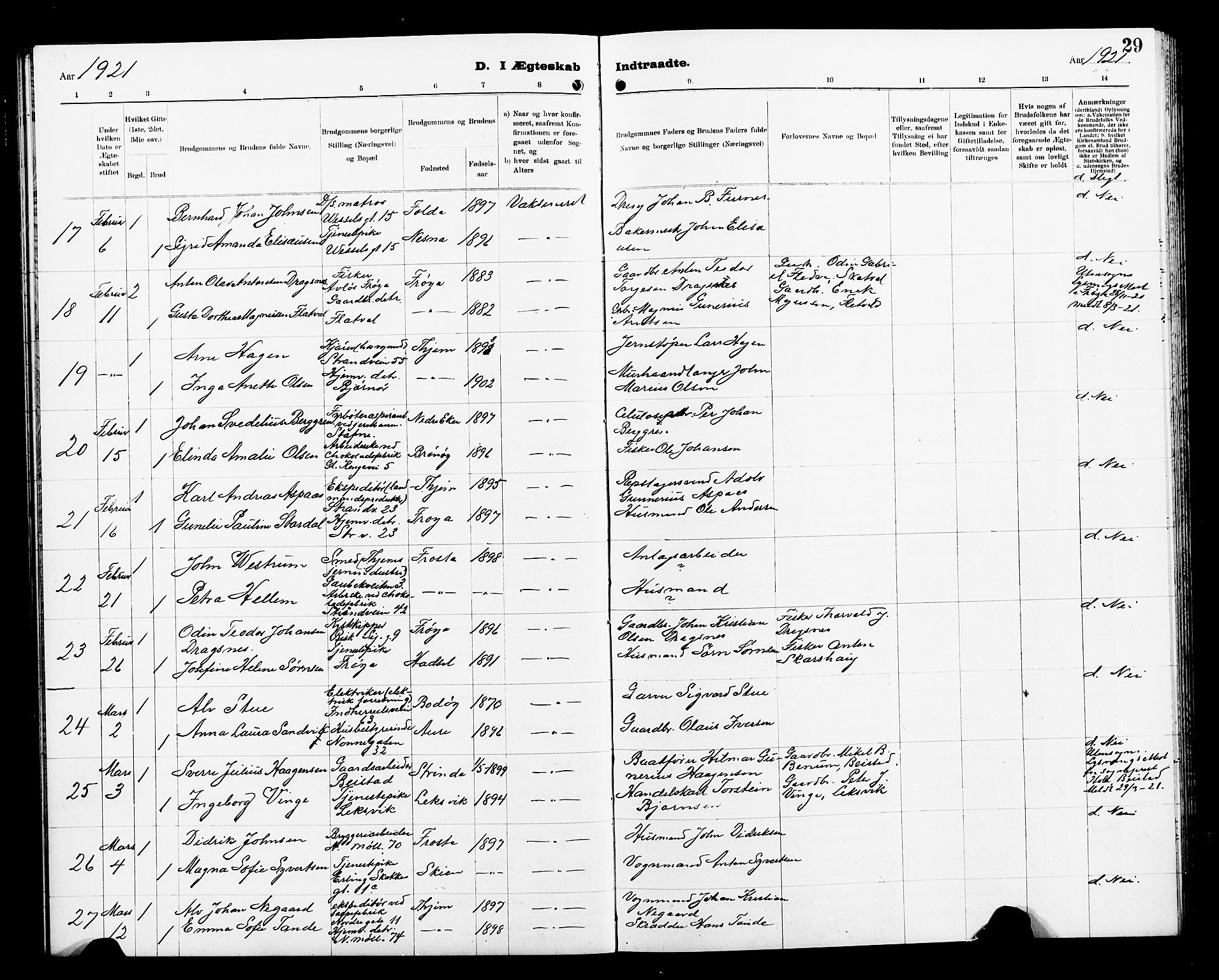 Ministerialprotokoller, klokkerbøker og fødselsregistre - Sør-Trøndelag, AV/SAT-A-1456/605/L0257: Klokkerbok nr. 605C04, 1916-1922, s. 29