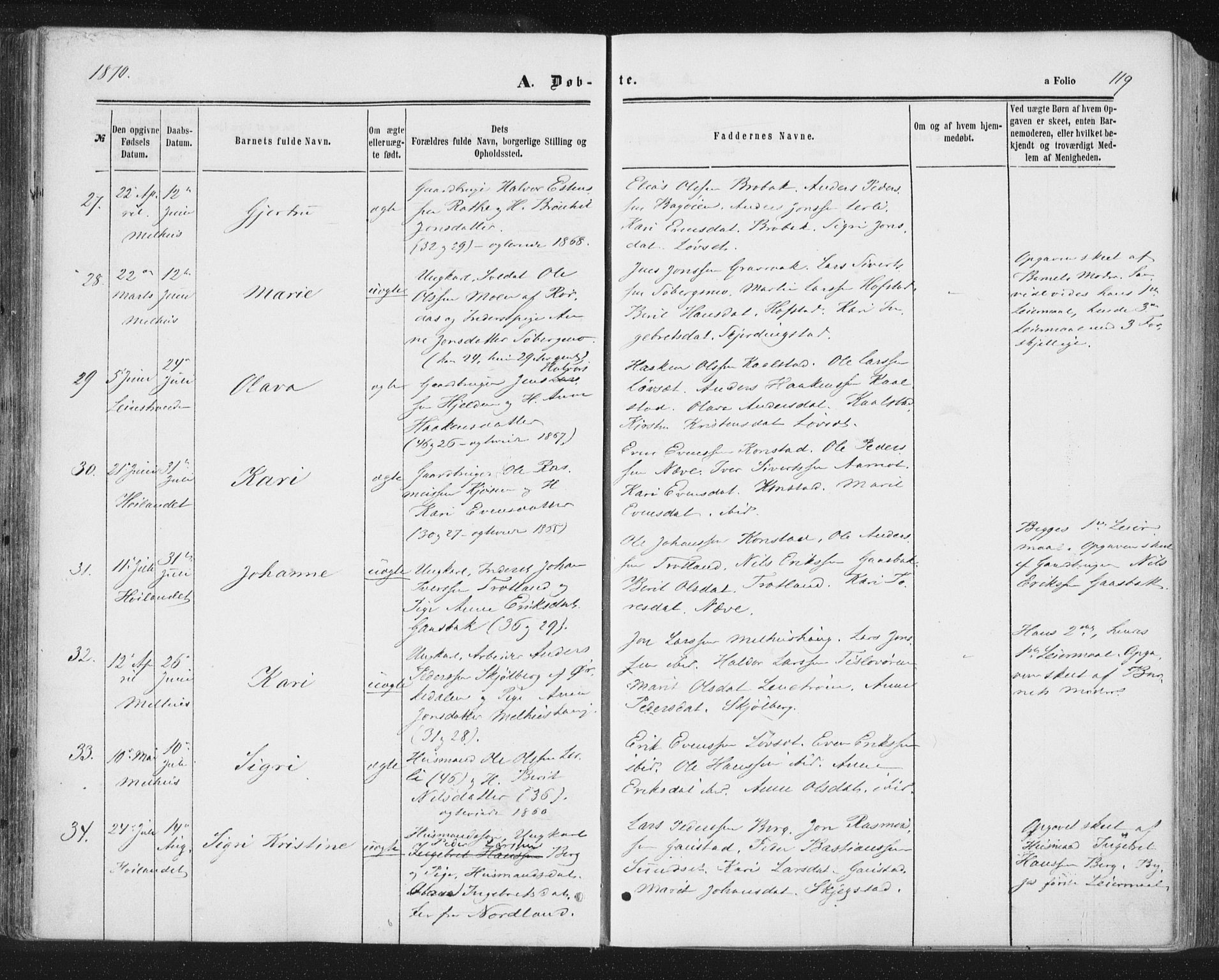 Ministerialprotokoller, klokkerbøker og fødselsregistre - Sør-Trøndelag, AV/SAT-A-1456/691/L1077: Ministerialbok nr. 691A09, 1862-1873, s. 119