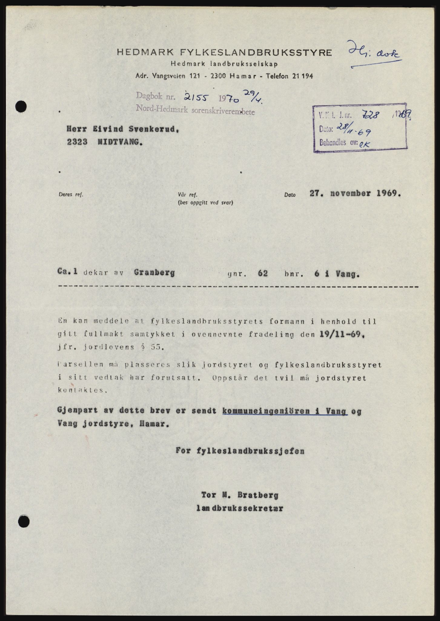 Nord-Hedmark sorenskriveri, AV/SAH-TING-012/H/Hc/L0033: Pantebok nr. 33, 1970-1970, Dagboknr: 2155/1970