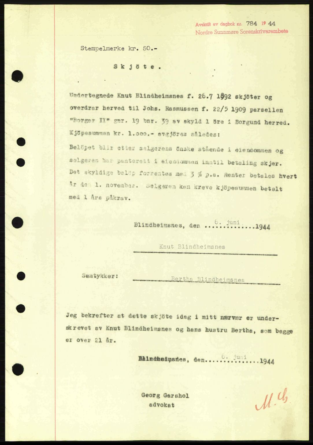 Nordre Sunnmøre sorenskriveri, SAT/A-0006/1/2/2C/2Ca: Pantebok nr. A18, 1944-1944, Dagboknr: 784/1944