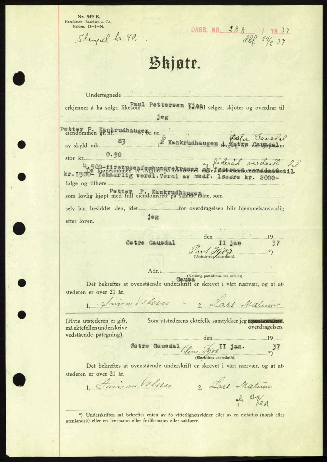 Sør-Gudbrandsdal tingrett, SAH/TING-004/H/Hb/Hbd/L0002: Pantebok nr. A2, 1936-1937, Dagboknr: 288/1937