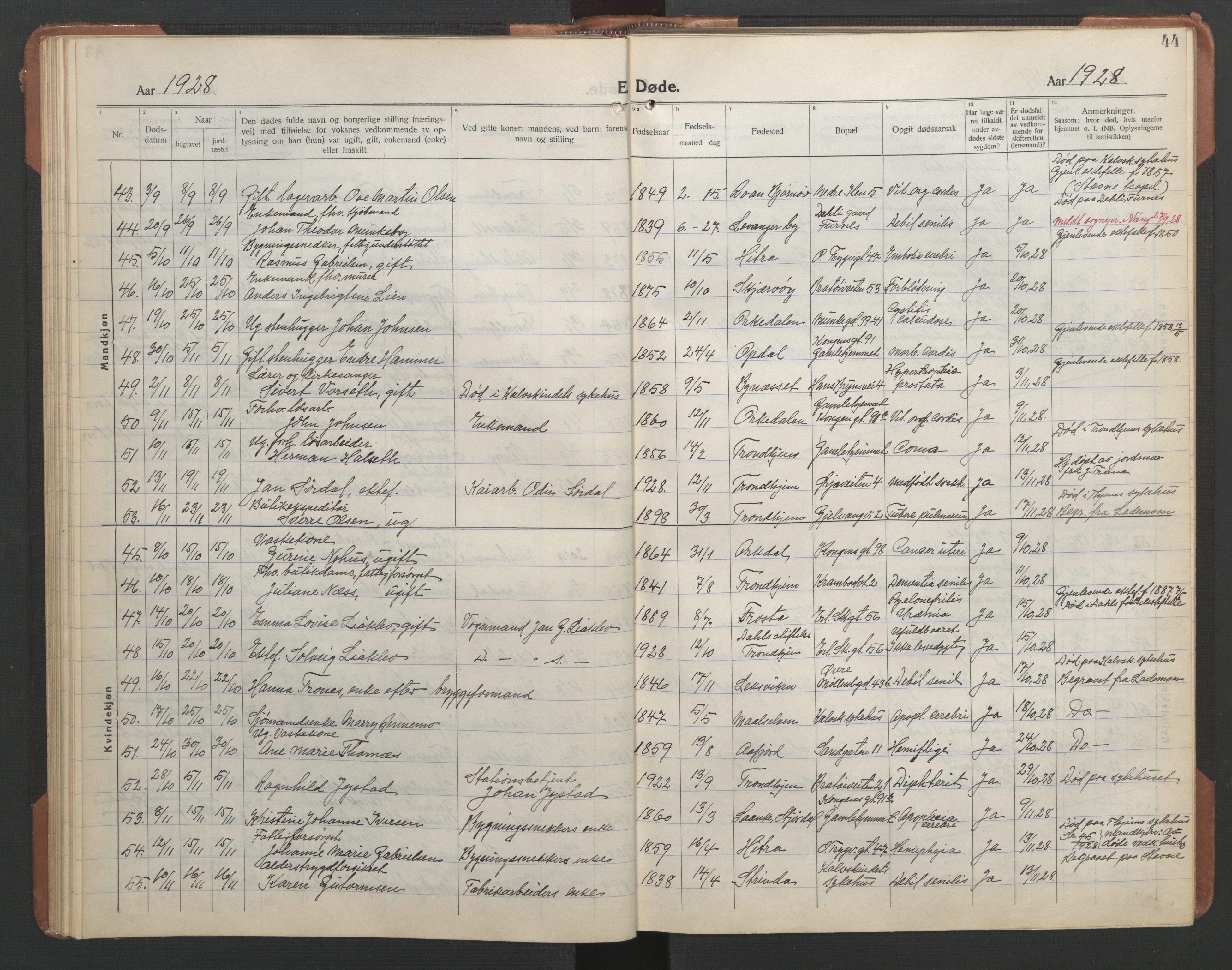 Ministerialprotokoller, klokkerbøker og fødselsregistre - Sør-Trøndelag, AV/SAT-A-1456/602/L0150: Klokkerbok nr. 602C18, 1922-1949, s. 44