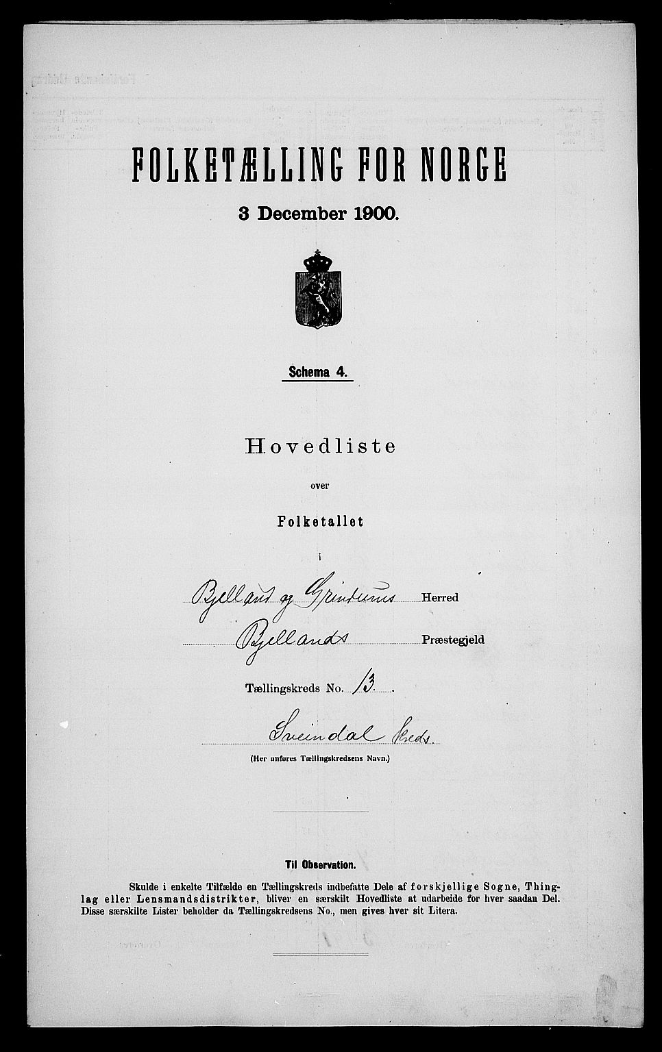 SAK, Folketelling 1900 for 1024 Bjelland og Grindheim herred, 1900, s. 33