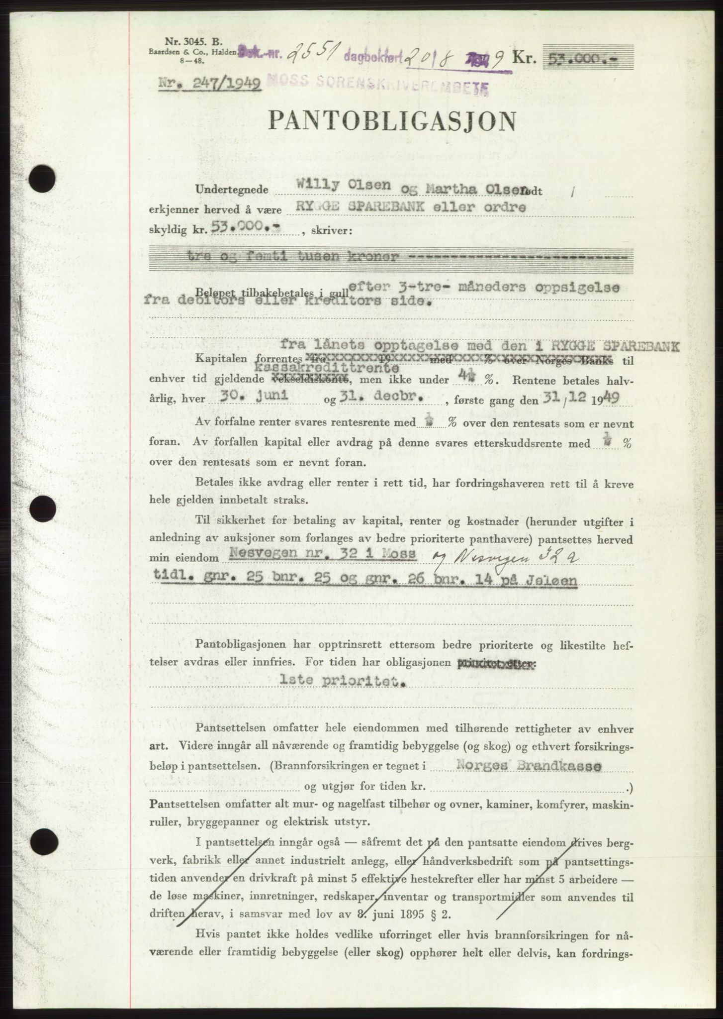Moss sorenskriveri, SAO/A-10168: Pantebok nr. B22, 1949-1949, Dagboknr: 2551/1949