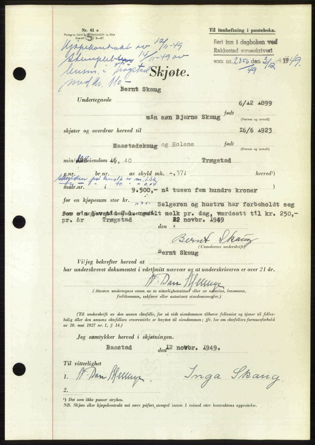 Rakkestad sorenskriveri, SAO/A-10686/G/Gb/Gba/Gbab/L0019: Pantebok nr. A19, 1949-1950, Dagboknr: 2356/1949