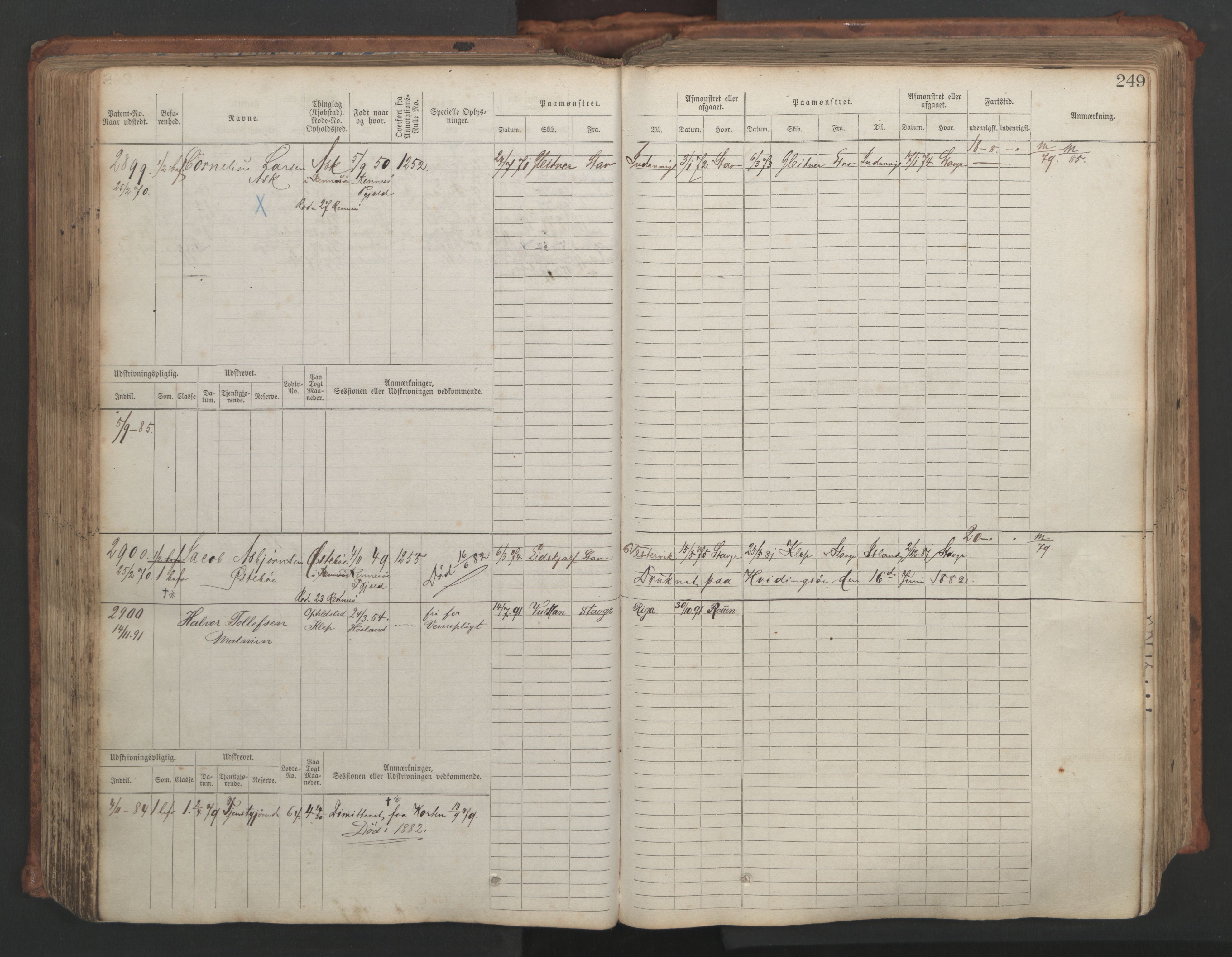 Stavanger sjømannskontor, AV/SAST-A-102006/F/Fb/Fbb/L0007: Sjøfartshovedrulle, patentnr. 2403-3604, 1869-1880, s. 282