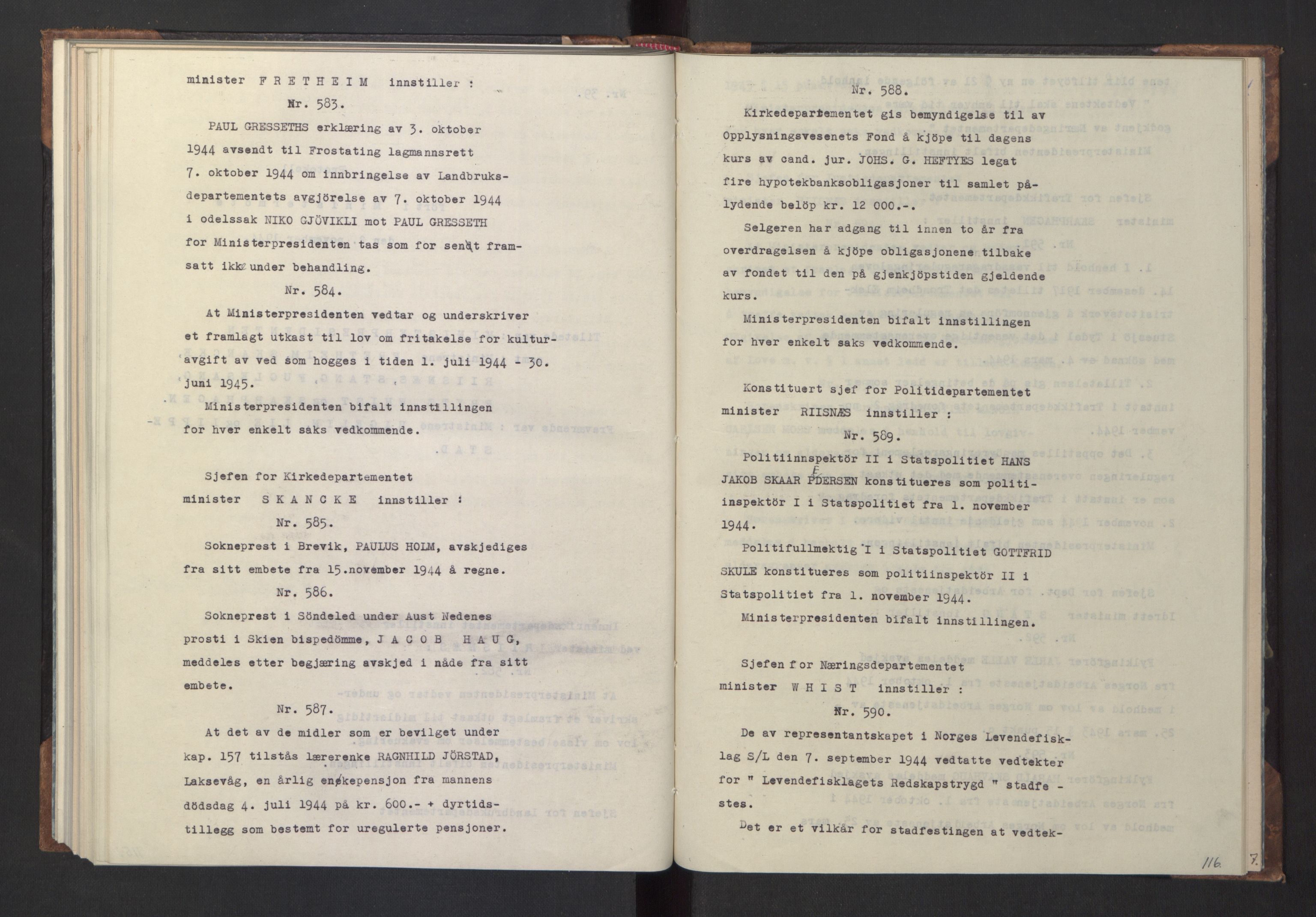 NS-administrasjonen 1940-1945 (Statsrådsekretariatet, de kommisariske statsråder mm), RA/S-4279/D/Da/L0005: Protokoll fra ministermøter, 1944, s. 118