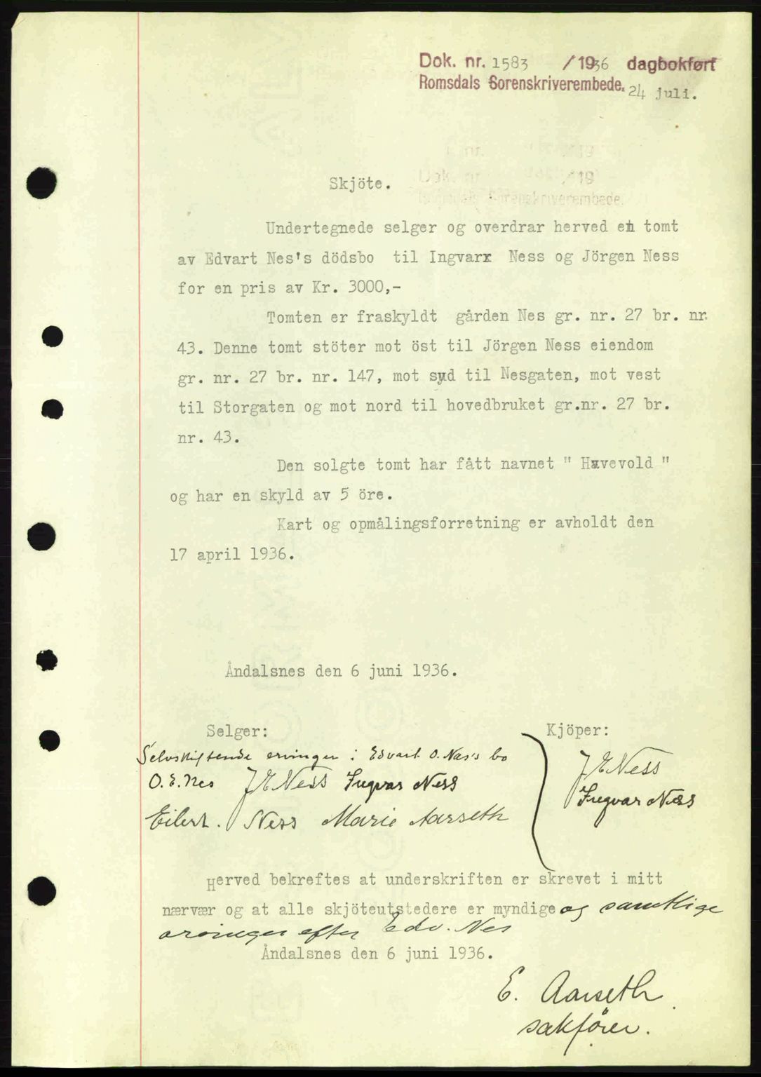 Romsdal sorenskriveri, SAT/A-4149/1/2/2C: Pantebok nr. A1, 1936-1936, Dagboknr: 1583/1936