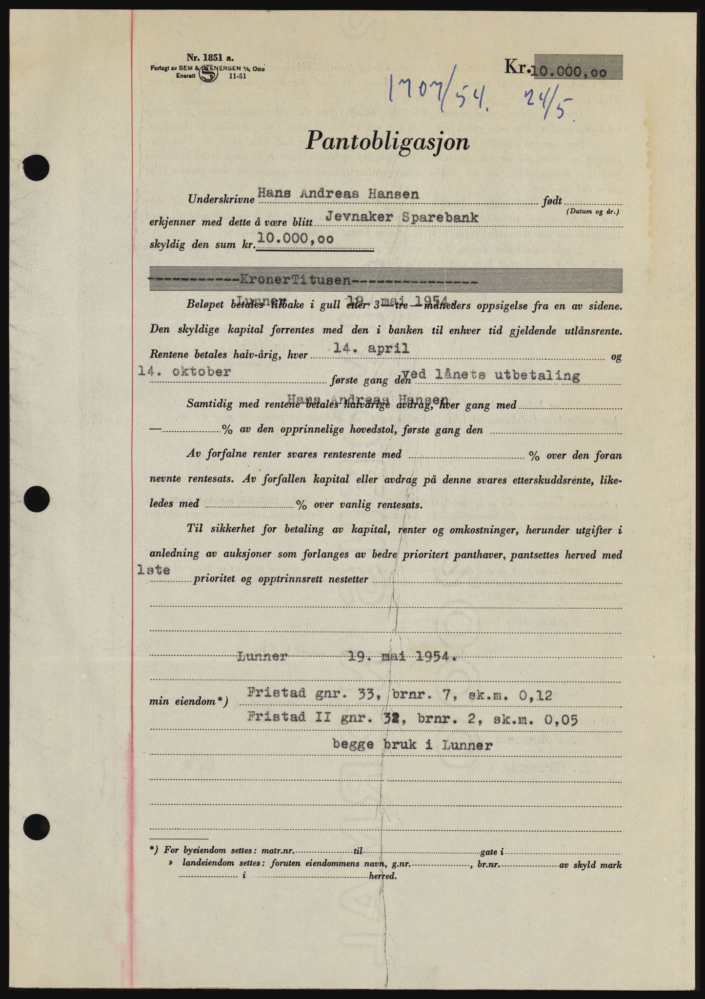 Hadeland og Land tingrett, SAH/TING-010/H/Hb/Hbc/L0029: Pantebok nr. B29, 1954-1954, Dagboknr: 1707/1954