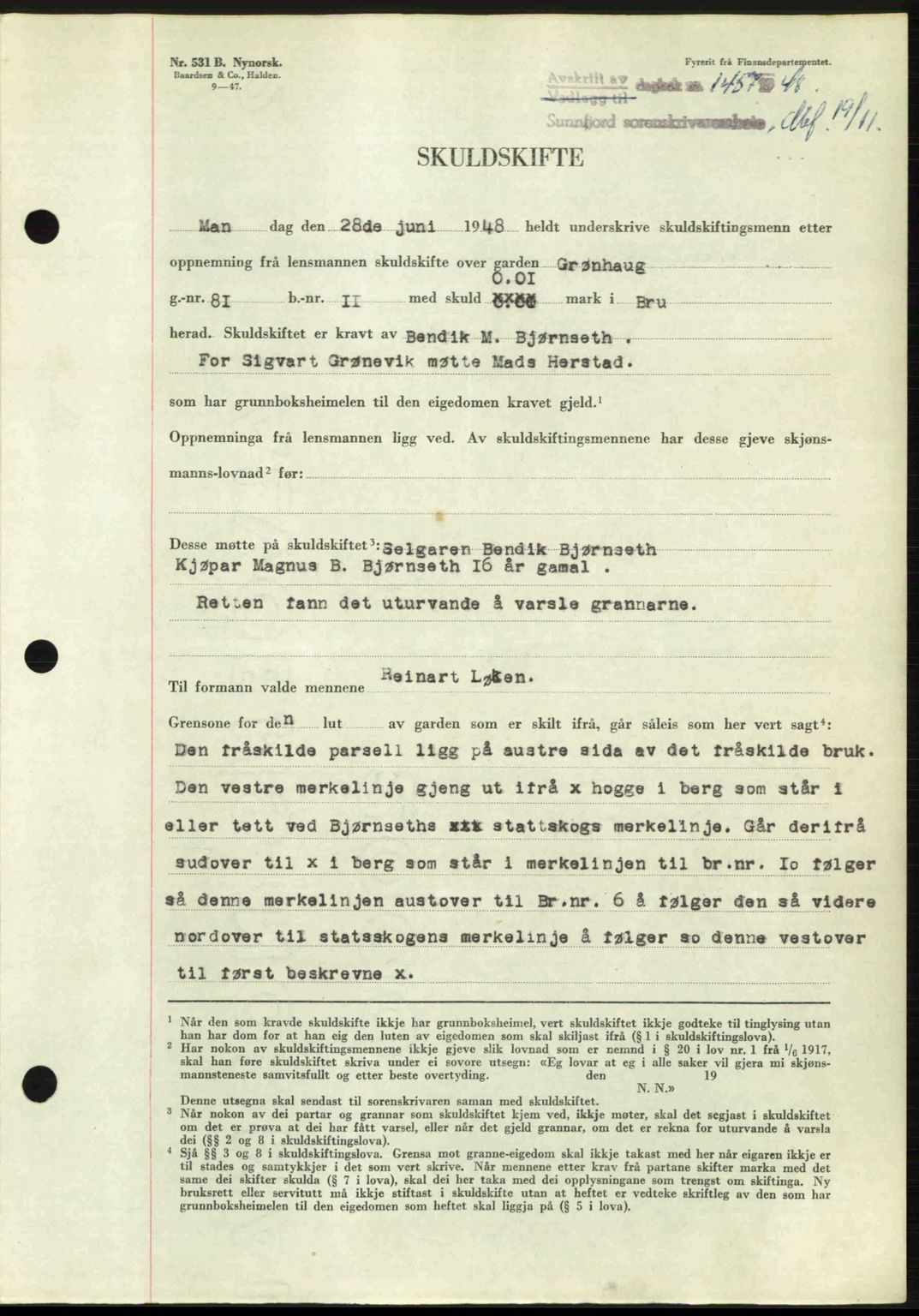 Sunnfjord tingrett, SAB/A-3201/1/G/Gb/Gbb/L0015: Pantebok nr. A15, 1948-1949, Dagboknr: 1457/1948