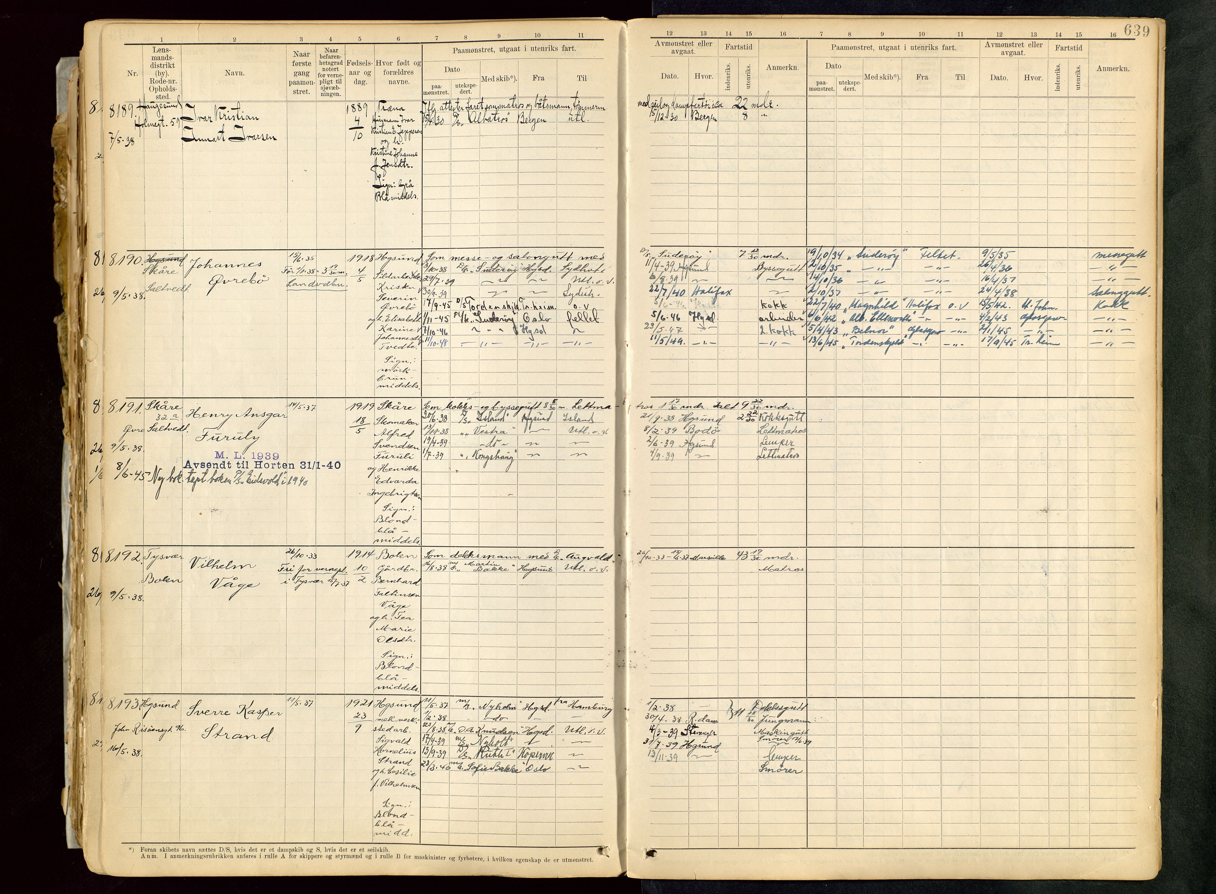 Haugesund sjømannskontor, AV/SAST-A-102007/F/Fb/Fbb/L0013: Sjøfartsrulle A Haugesund kretsnr. 5000-8999, 1868-1948, s. 639