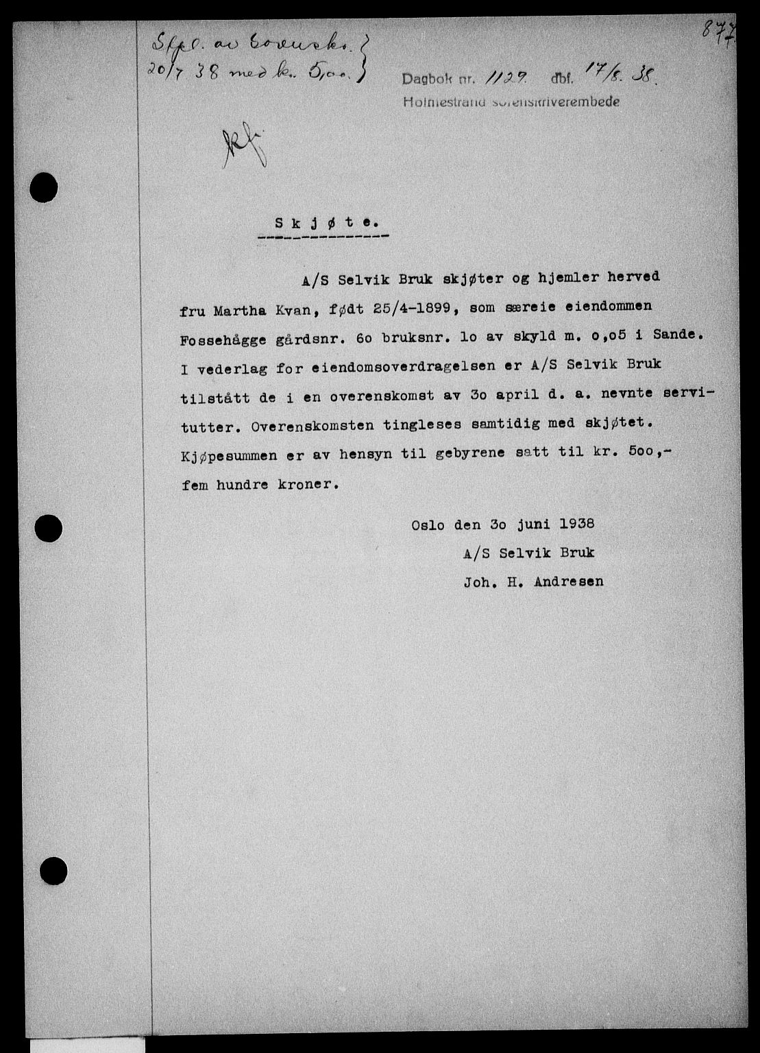 Holmestrand sorenskriveri, SAKO/A-67/G/Ga/Gaa/L0049: Pantebok nr. A-49, 1937-1938, Dagboknr: 1129/1938