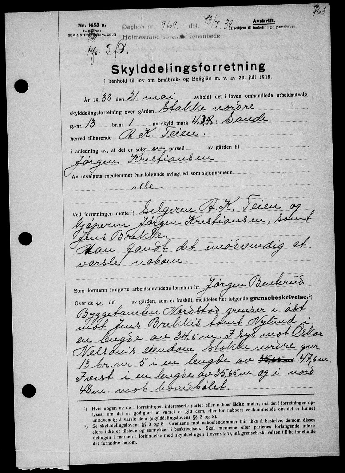 Holmestrand sorenskriveri, SAKO/A-67/G/Ga/Gaa/L0049: Pantebok nr. A-49, 1937-1938, Dagboknr: 969/1938