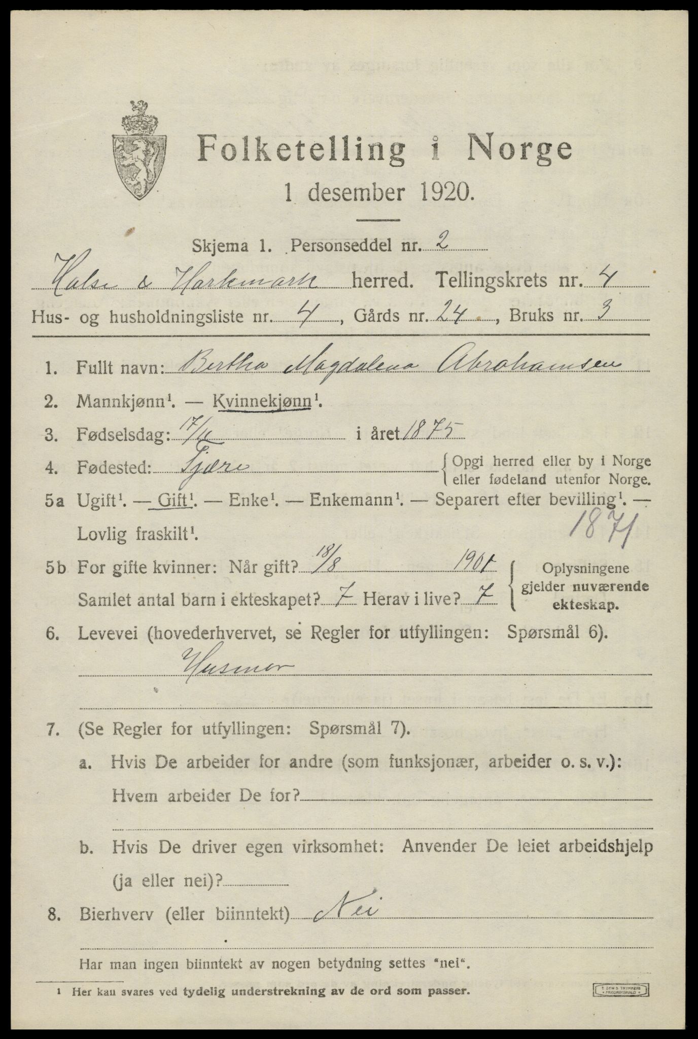 SAK, Folketelling 1920 for 1019 Halse og Harkmark herred, 1920, s. 2874