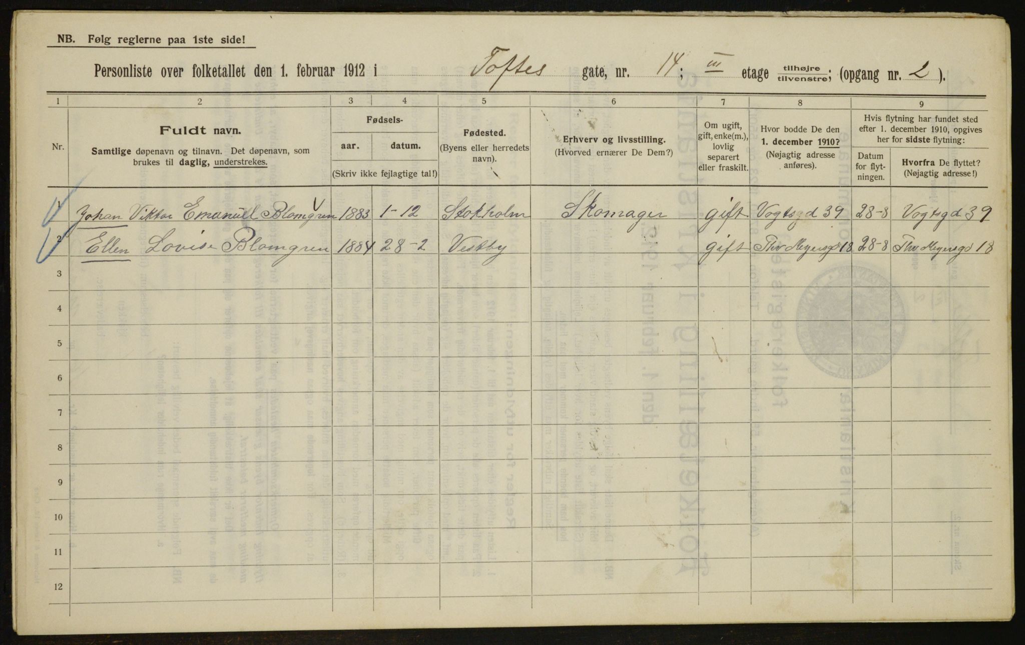 OBA, Kommunal folketelling 1.2.1912 for Kristiania, 1912, s. 111530