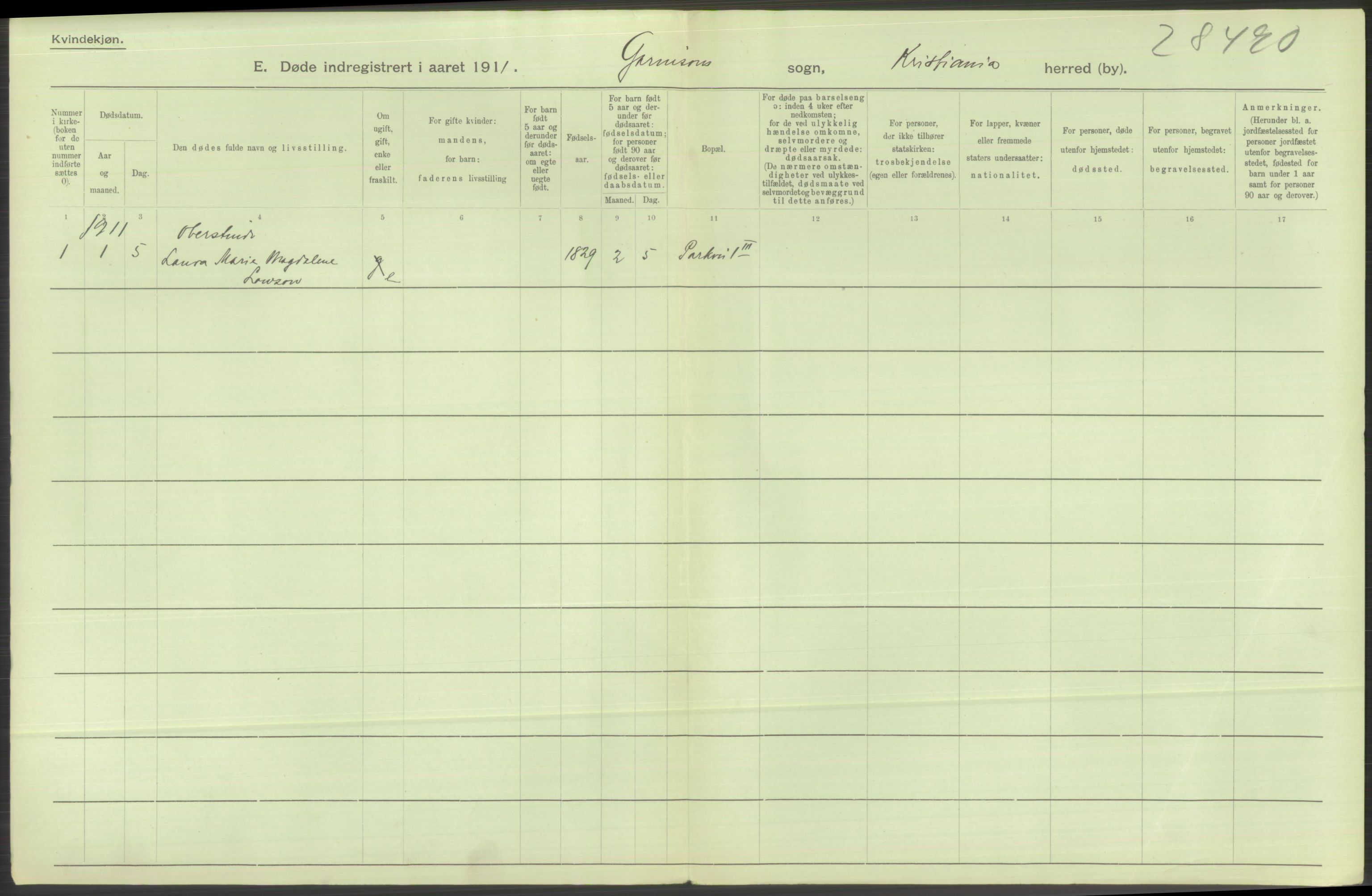 Statistisk sentralbyrå, Sosiodemografiske emner, Befolkning, AV/RA-S-2228/D/Df/Dfb/Dfba/L0010: Kristiania: Døde kvinner samt dødfødte., 1911, s. 460