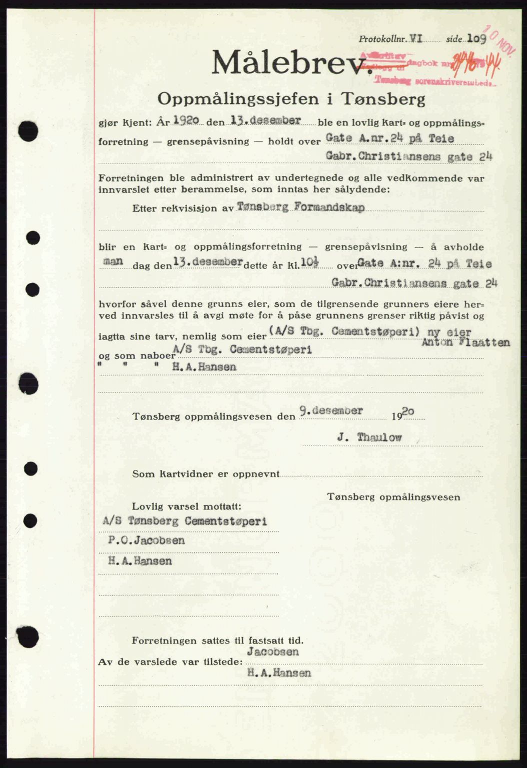 Tønsberg sorenskriveri, AV/SAKO-A-130/G/Ga/Gaa/L0016: Pantebok nr. A16, 1944-1945, Dagboknr: 2446/1944