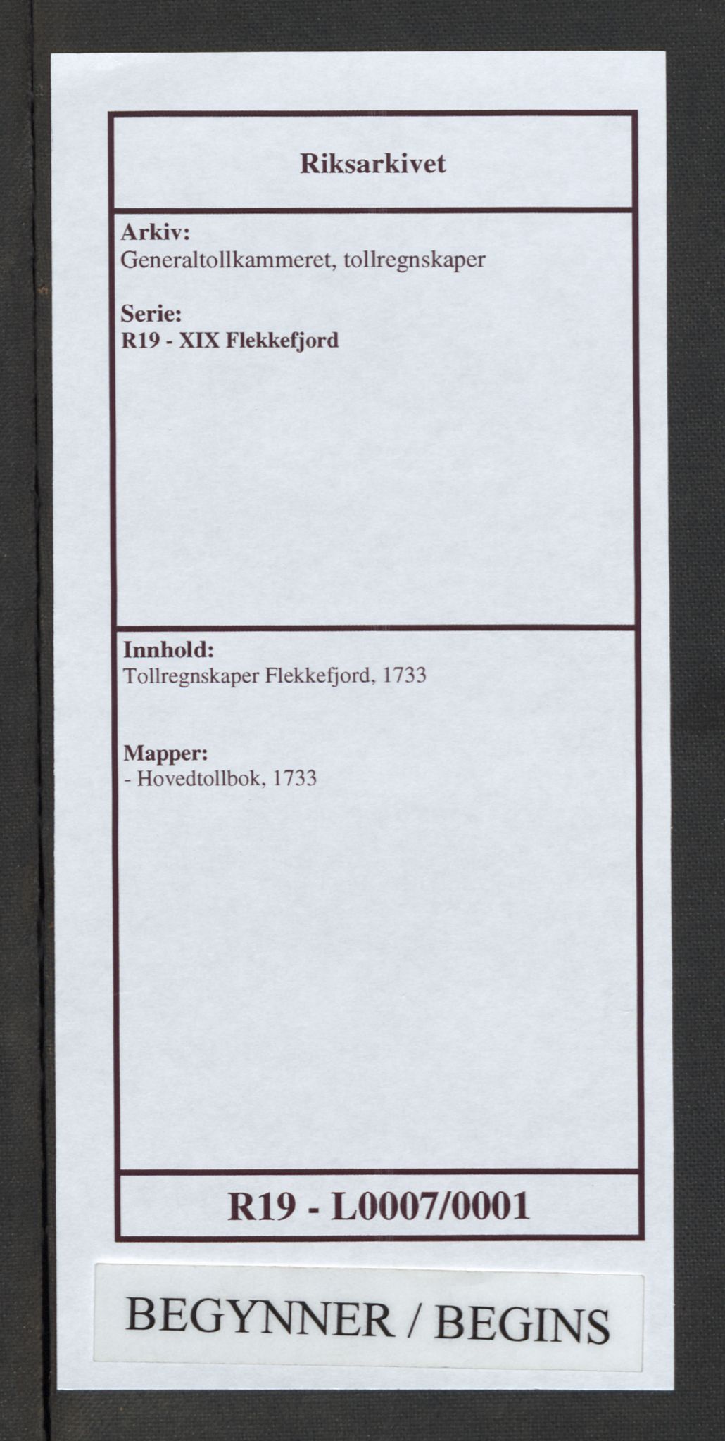 Generaltollkammeret, tollregnskaper, RA/EA-5490/R19/L0007/0001: Tollregnskaper Flekkefjord / Hovedtollbok, 1733
