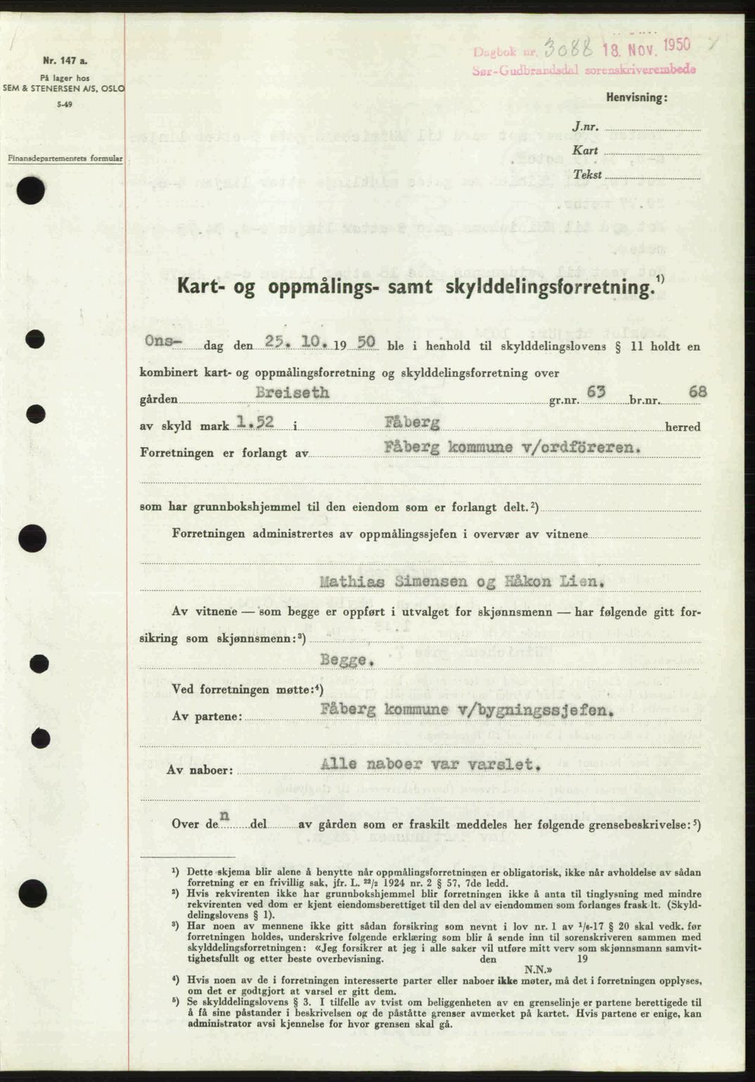 Sør-Gudbrandsdal tingrett, SAH/TING-004/H/Hb/Hbd/L0029: Pantebok nr. A29, 1950-1950, Dagboknr: 3088/1950