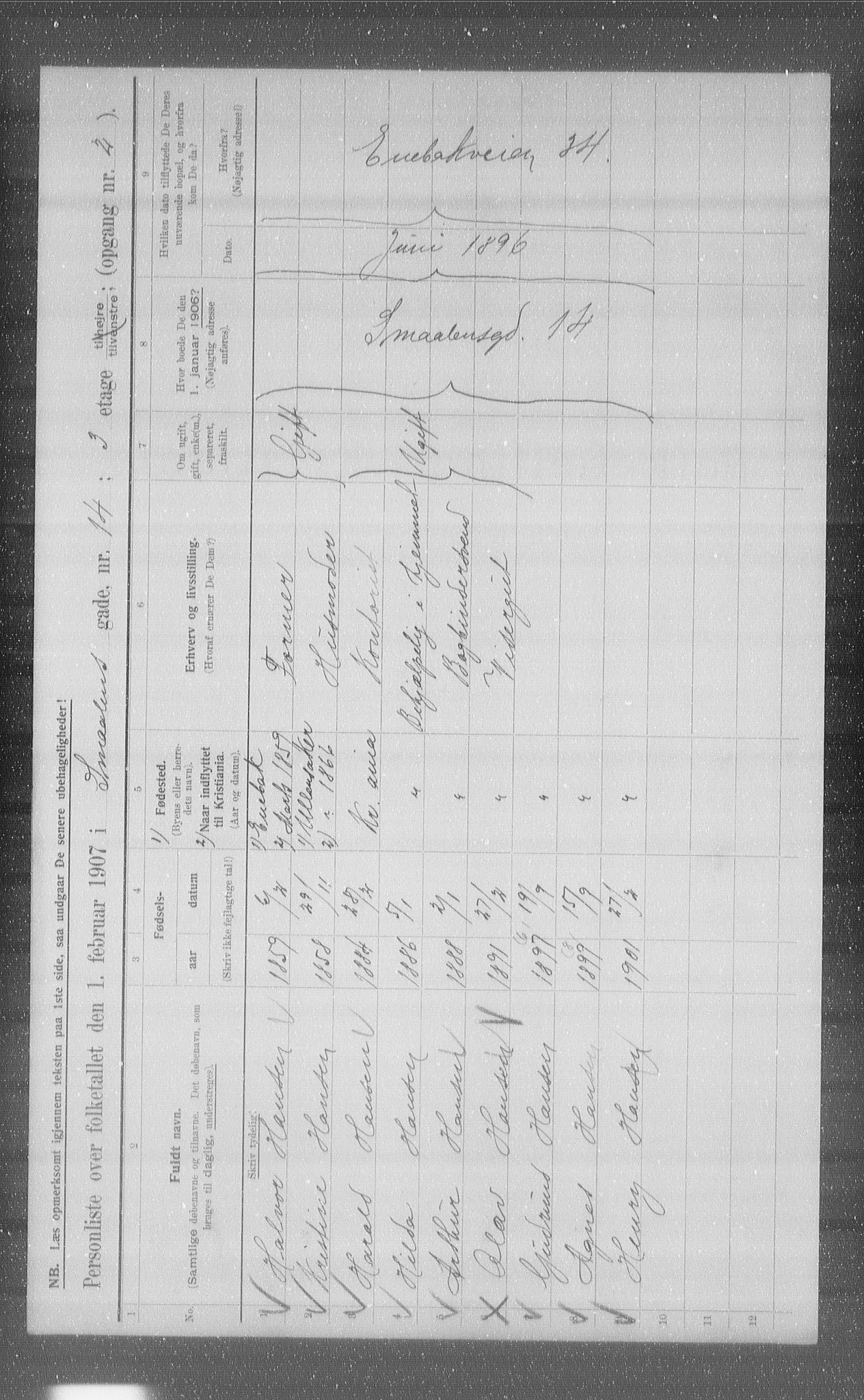 OBA, Kommunal folketelling 1.2.1907 for Kristiania kjøpstad, 1907, s. 49965