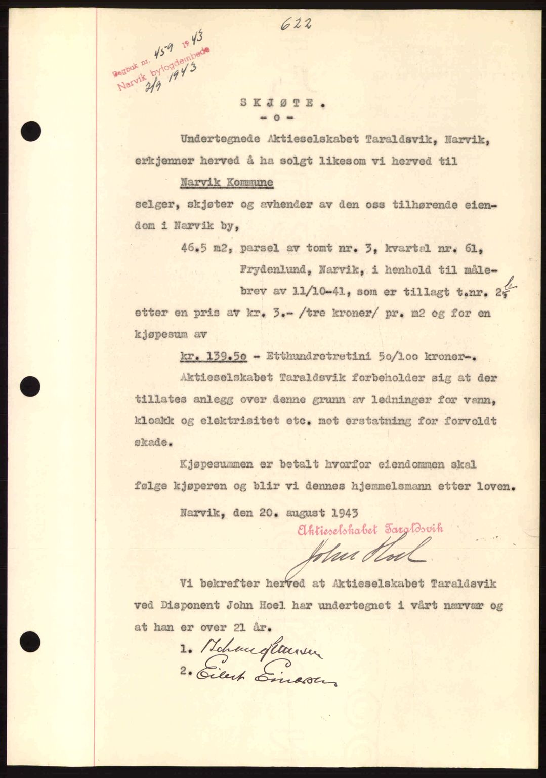 Narvik sorenskriveri, SAT/A-0002/1/2/2C/2Ca: Pantebok nr. A19, 1942-1943, Dagboknr: 459/1943