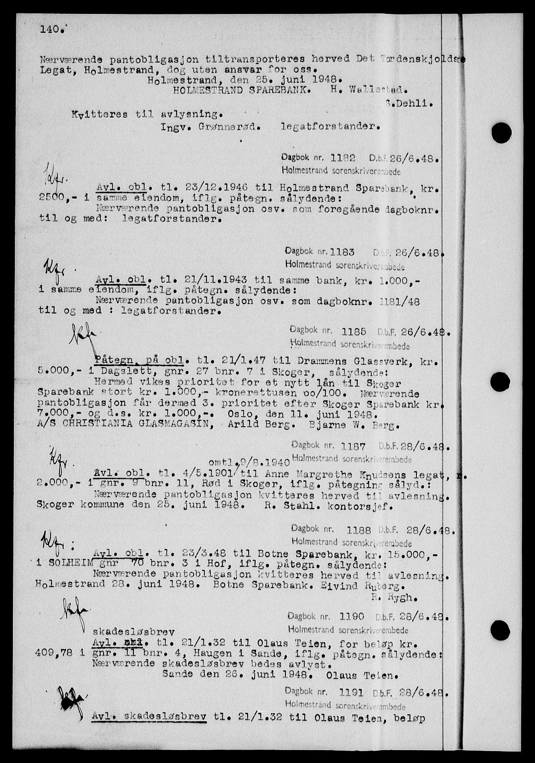 Holmestrand sorenskriveri, SAKO/A-67/G/Ga/Gab/L0058: Pantebok nr. B-58, 1947-1948, s. 140, Dagboknr: 1182/1948