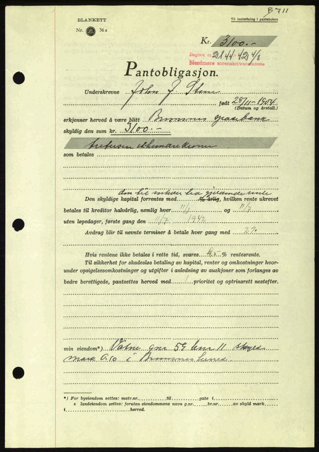 Nordmøre sorenskriveri, AV/SAT-A-4132/1/2/2Ca: Pantebok nr. B89, 1942-1942, Dagboknr: 2144/1942