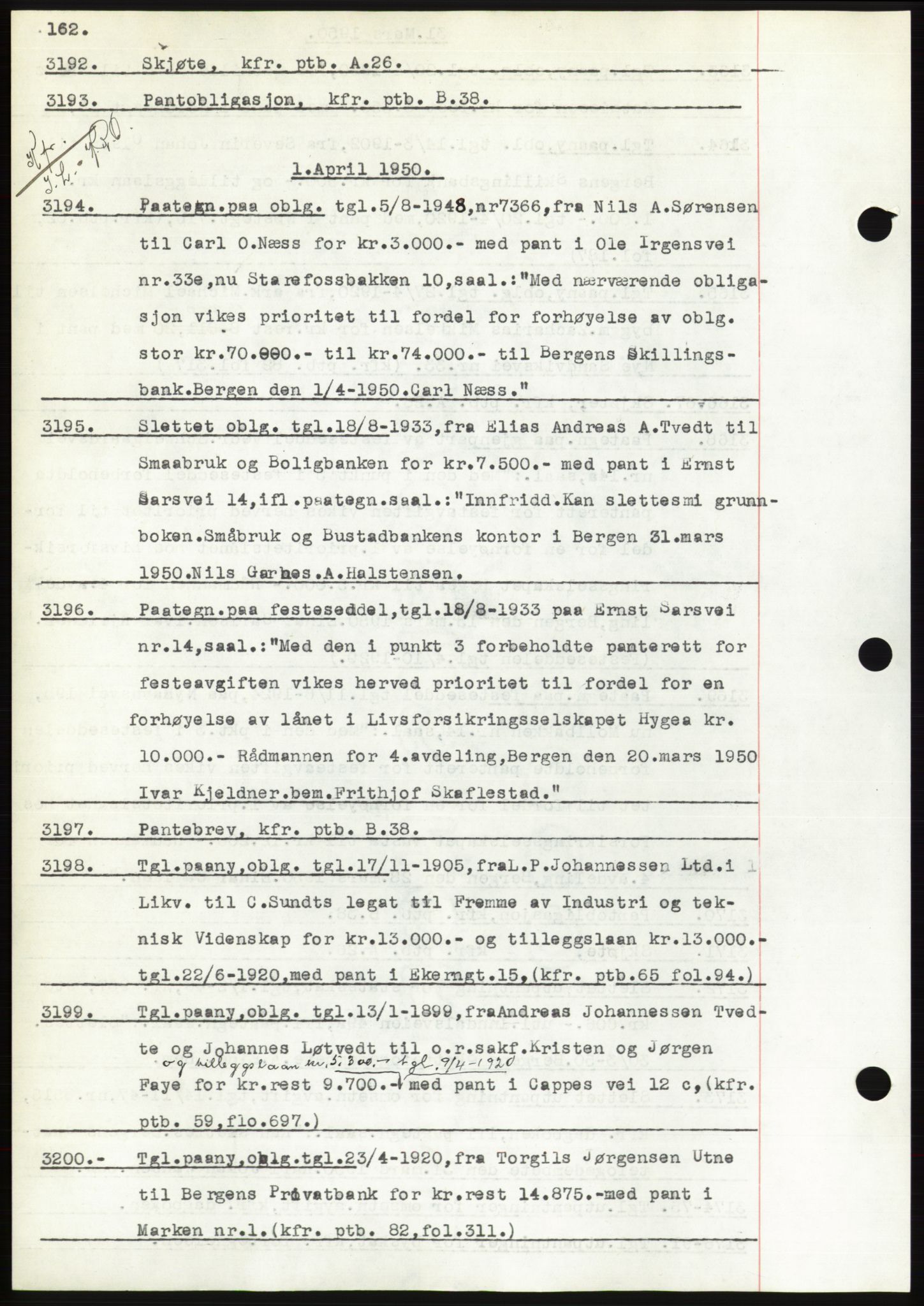 Byfogd og Byskriver i Bergen, SAB/A-3401/03: Pantebok nr. C 38, 1949-1950, Dagboknr: 3192/1950