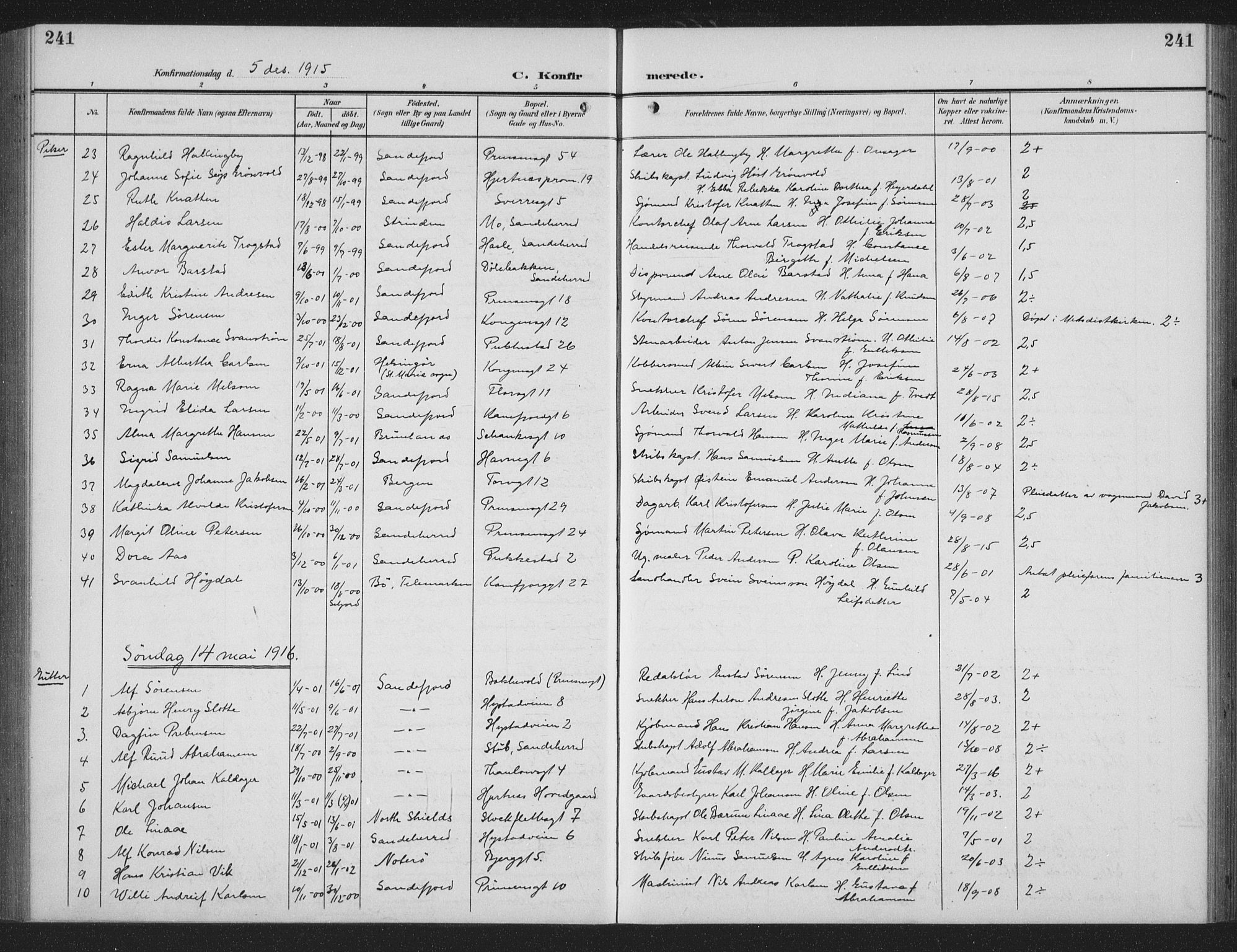 Sandefjord kirkebøker, AV/SAKO-A-315/G/Ga/L0003: Klokkerbok nr. 3, 1903-1920, s. 241
