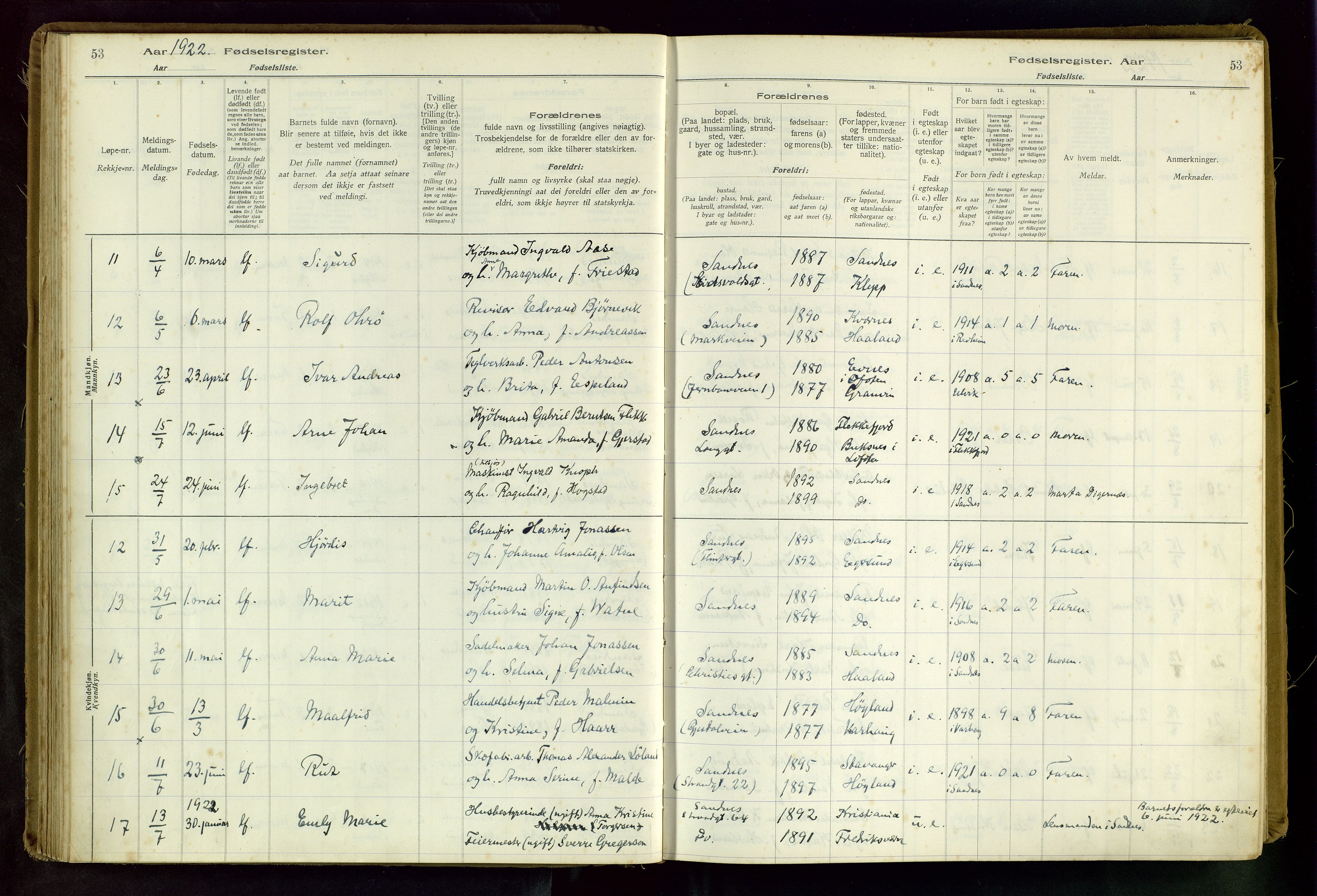 Sandnes sokneprestkontor, SAST/A-101800/704BA/L0001: Fødselsregister nr. 1, 1916-1942, s. 53