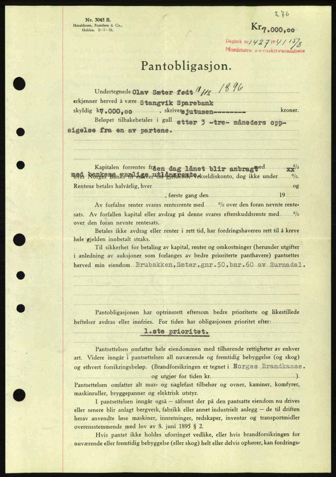 Nordmøre sorenskriveri, SAT/A-4132/1/2/2Ca: Pantebok nr. B88, 1941-1942, Dagboknr: 1427/1941