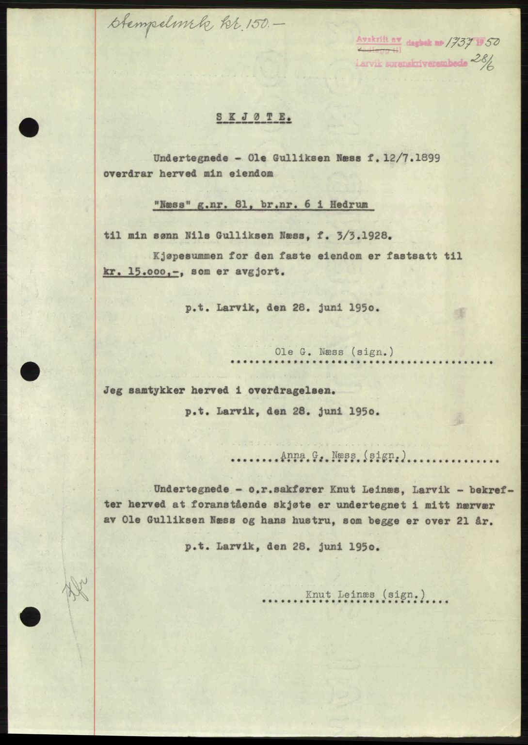 Larvik sorenskriveri, AV/SAKO-A-83/G/Ga/Gab/L0092: Pantebok nr. A-26, 1950-1950, Dagboknr: 1737/1950
