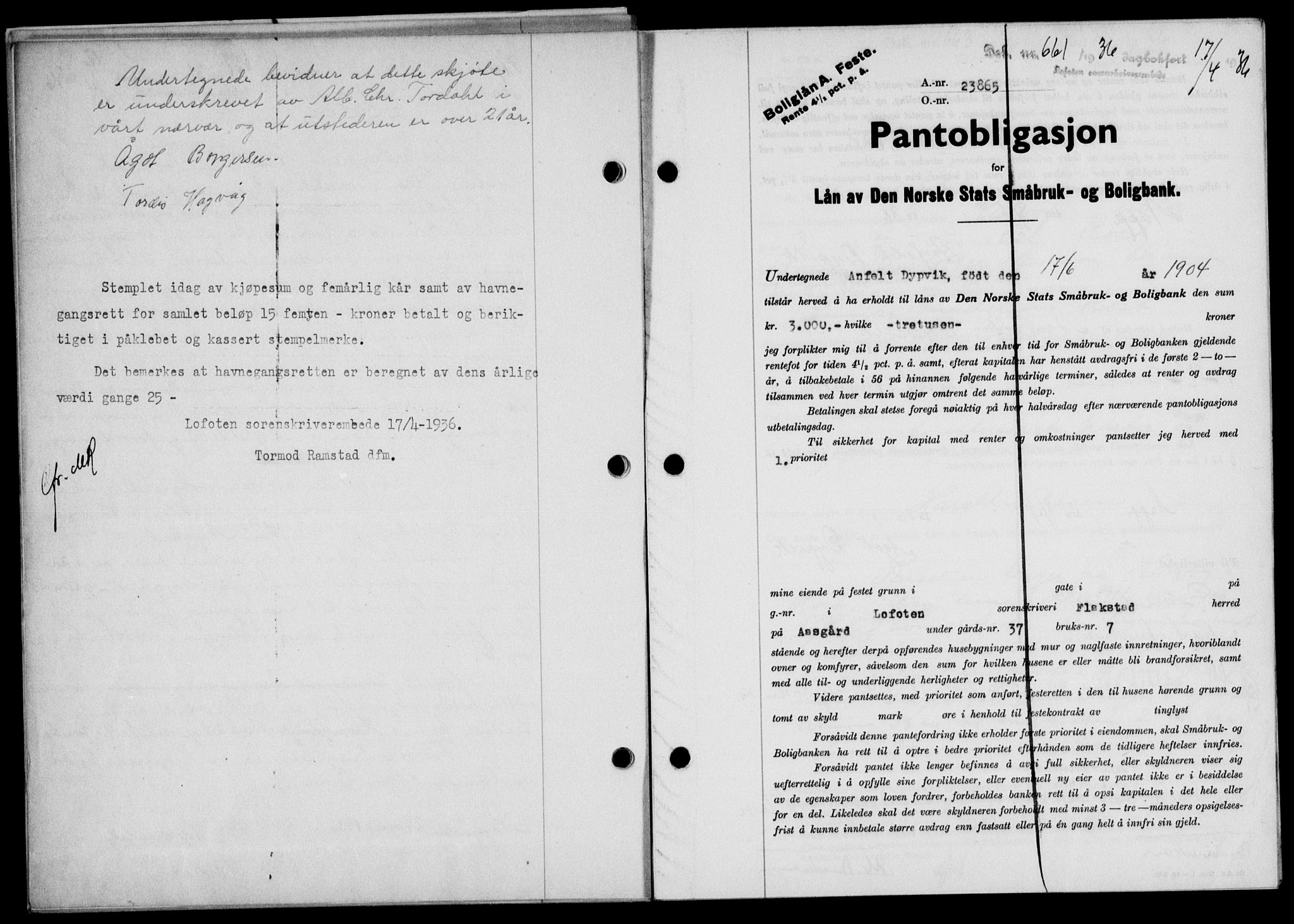 Lofoten sorenskriveri, SAT/A-0017/1/2/2C/L0033b: Pantebok nr. 33b, 1936-1936, Dagboknr: 661/1936