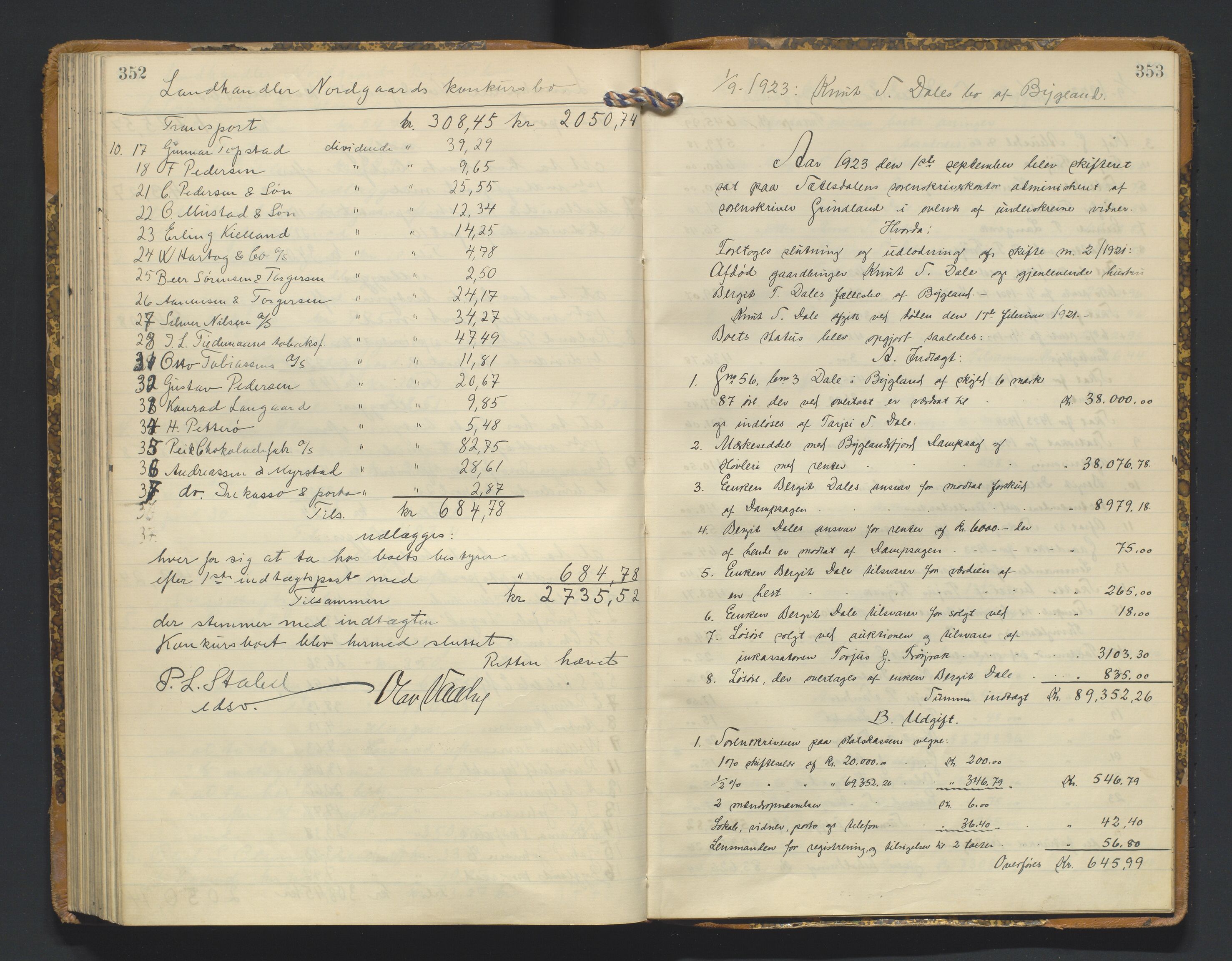 Setesdal sorenskriveri, AV/SAK-1221-0011/H/Hc/L0050: Skifteutlodningsprotokoll nr 4, med register, 1914-1924, s. 352-353