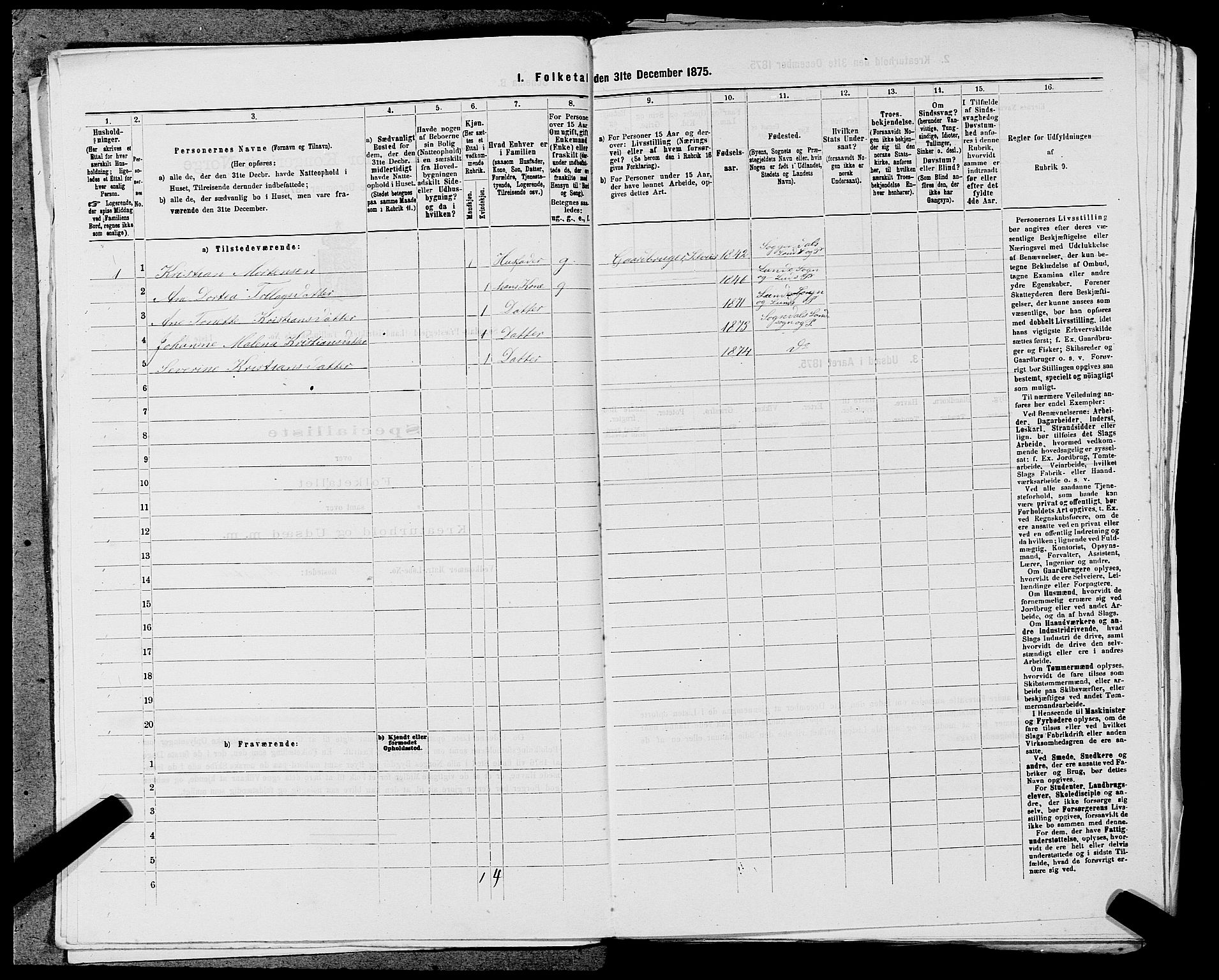 SAST, Folketelling 1875 for 1111L Sokndal prestegjeld, Sokndal landsokn, 1875, s. 274