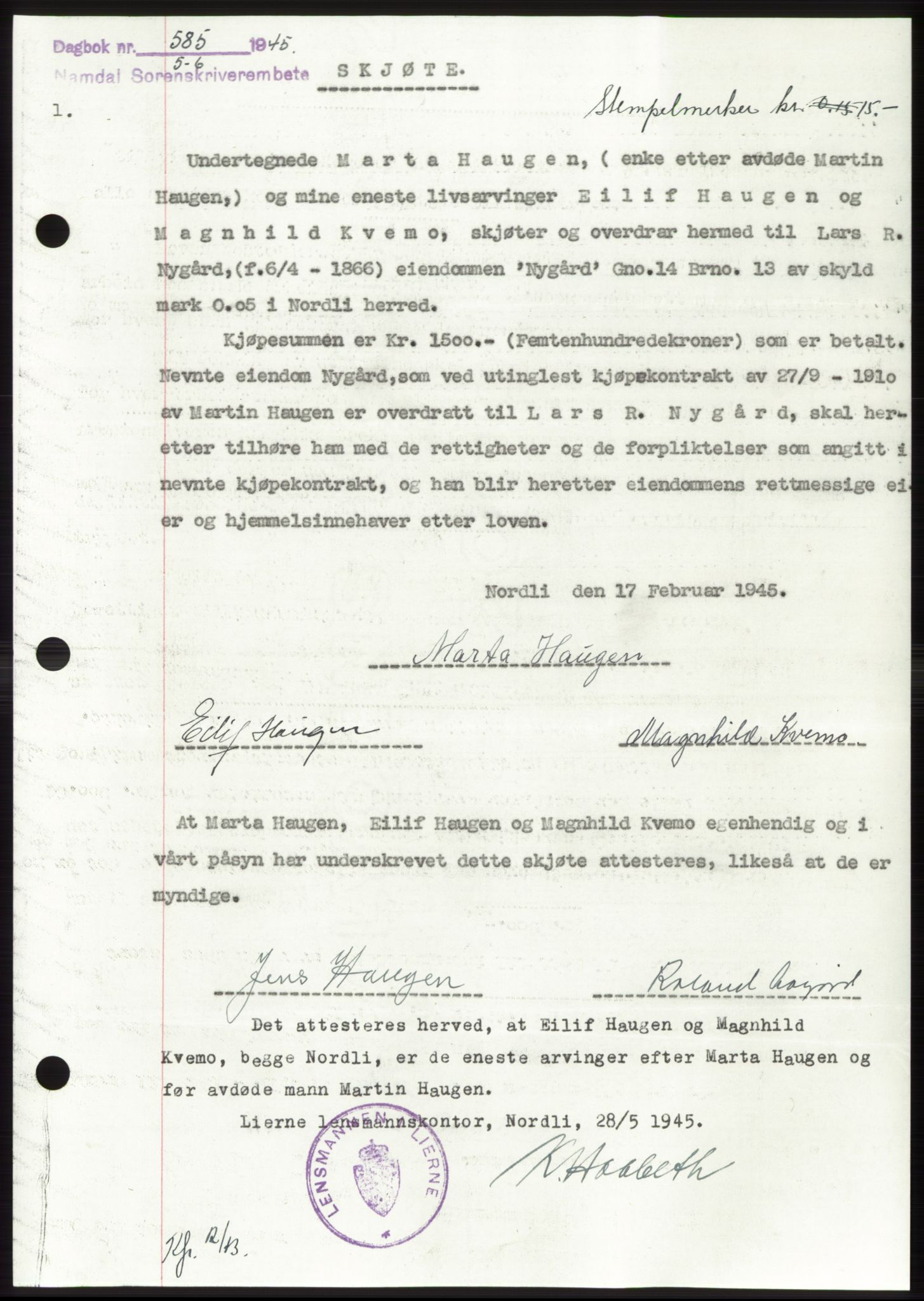 Namdal sorenskriveri, SAT/A-4133/1/2/2C: Pantebok nr. -, 1944-1945, Dagboknr: 585/1945