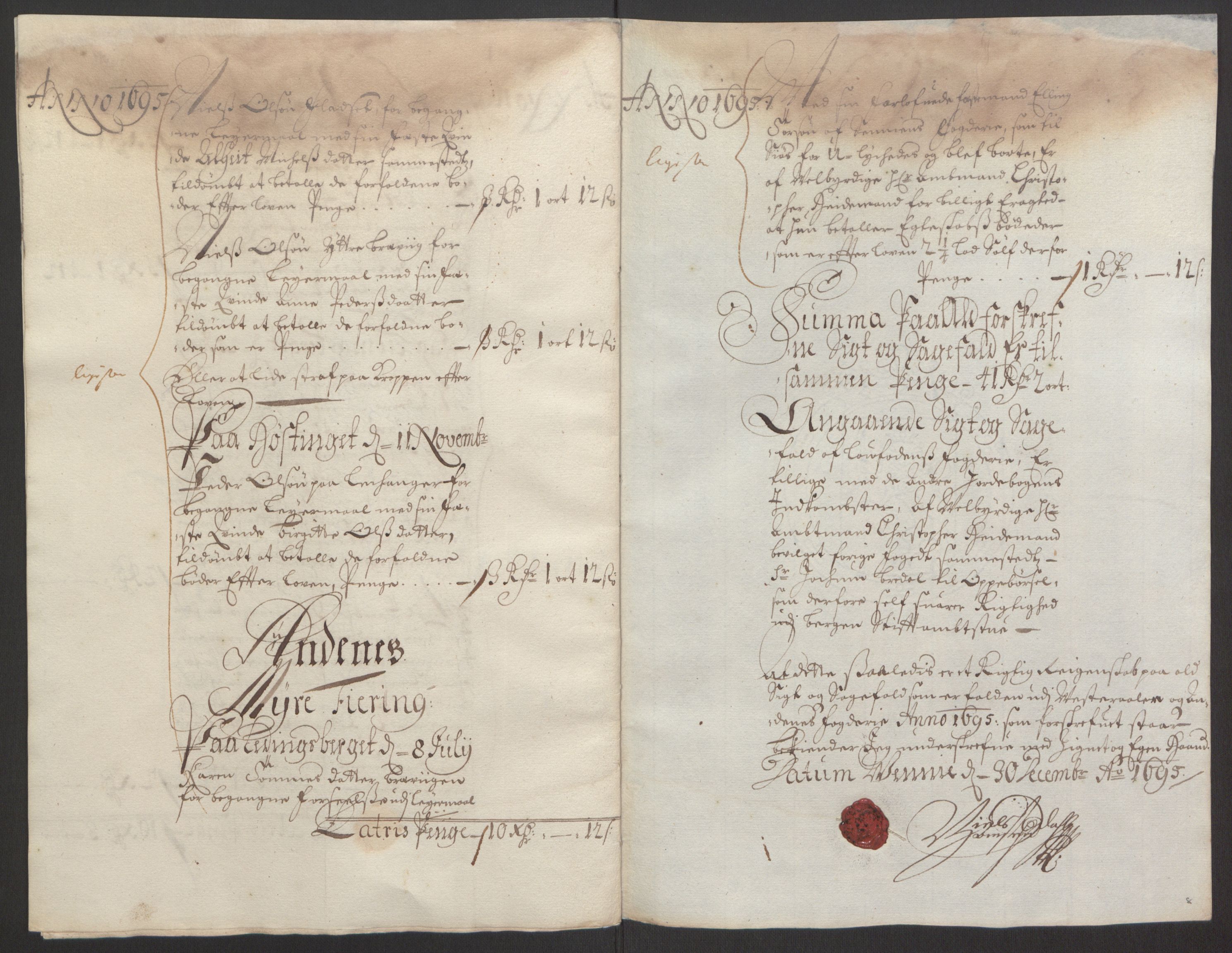 Rentekammeret inntil 1814, Reviderte regnskaper, Fogderegnskap, RA/EA-4092/R67/L4677: Fogderegnskap Vesterålen, Andenes og Lofoten, 1694-1695, s. 312