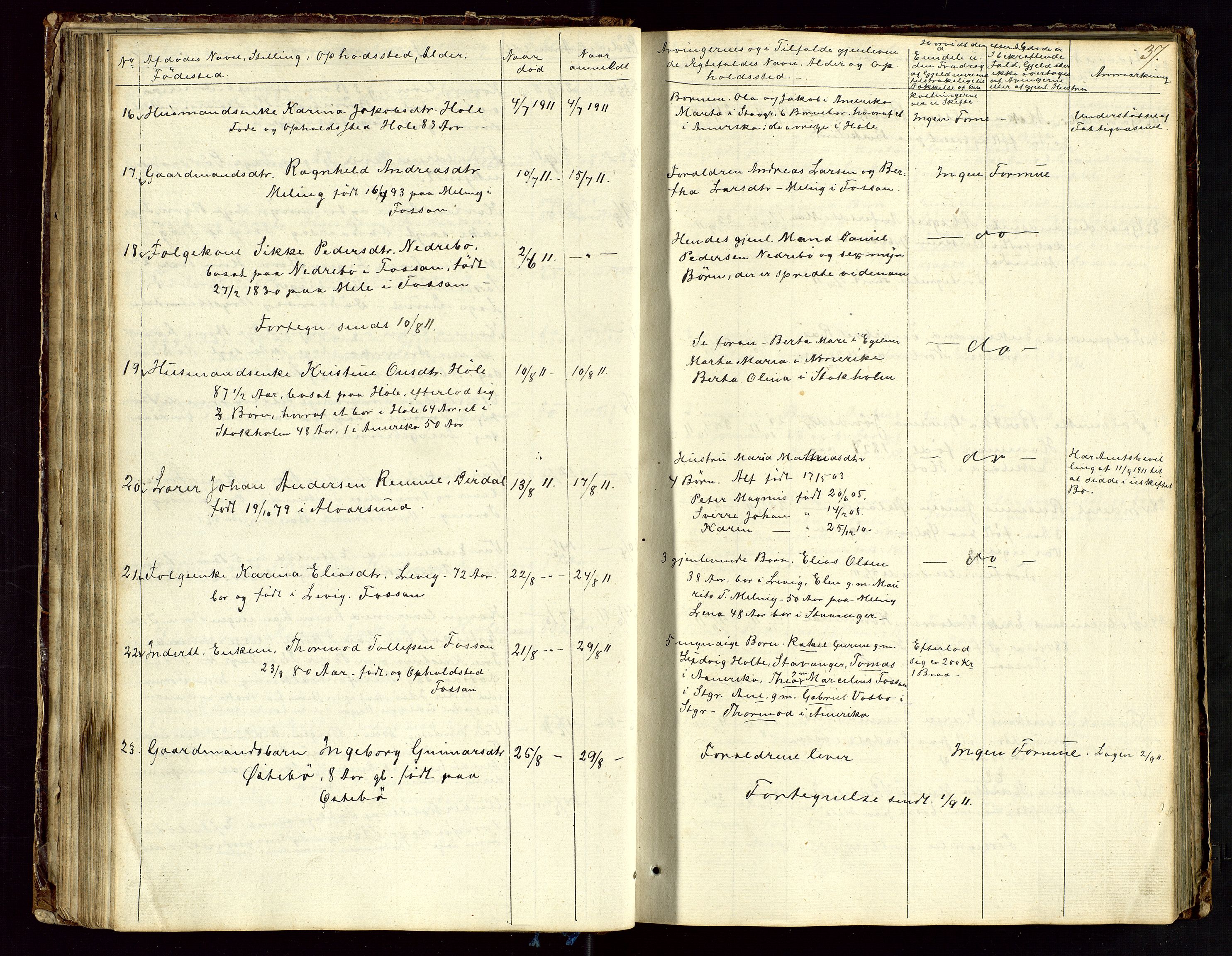 Høle og Forsand lensmannskontor, SAST/A-100127/Gga/L0002: "Dødsanmeldelsesprotokol", 1903-1919, s. 37